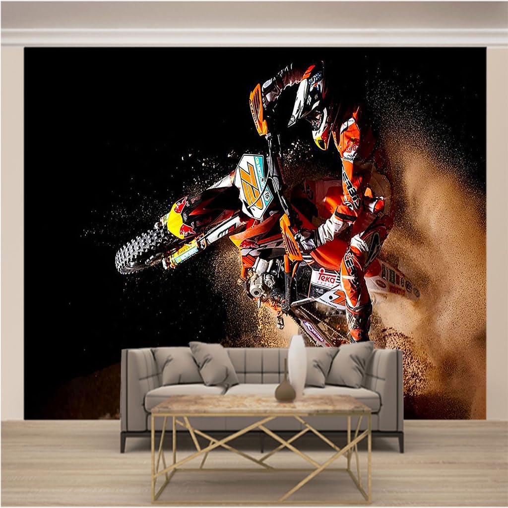 Papier peint photo moto 3D intissé pour agrandir un salon moderne et sombre