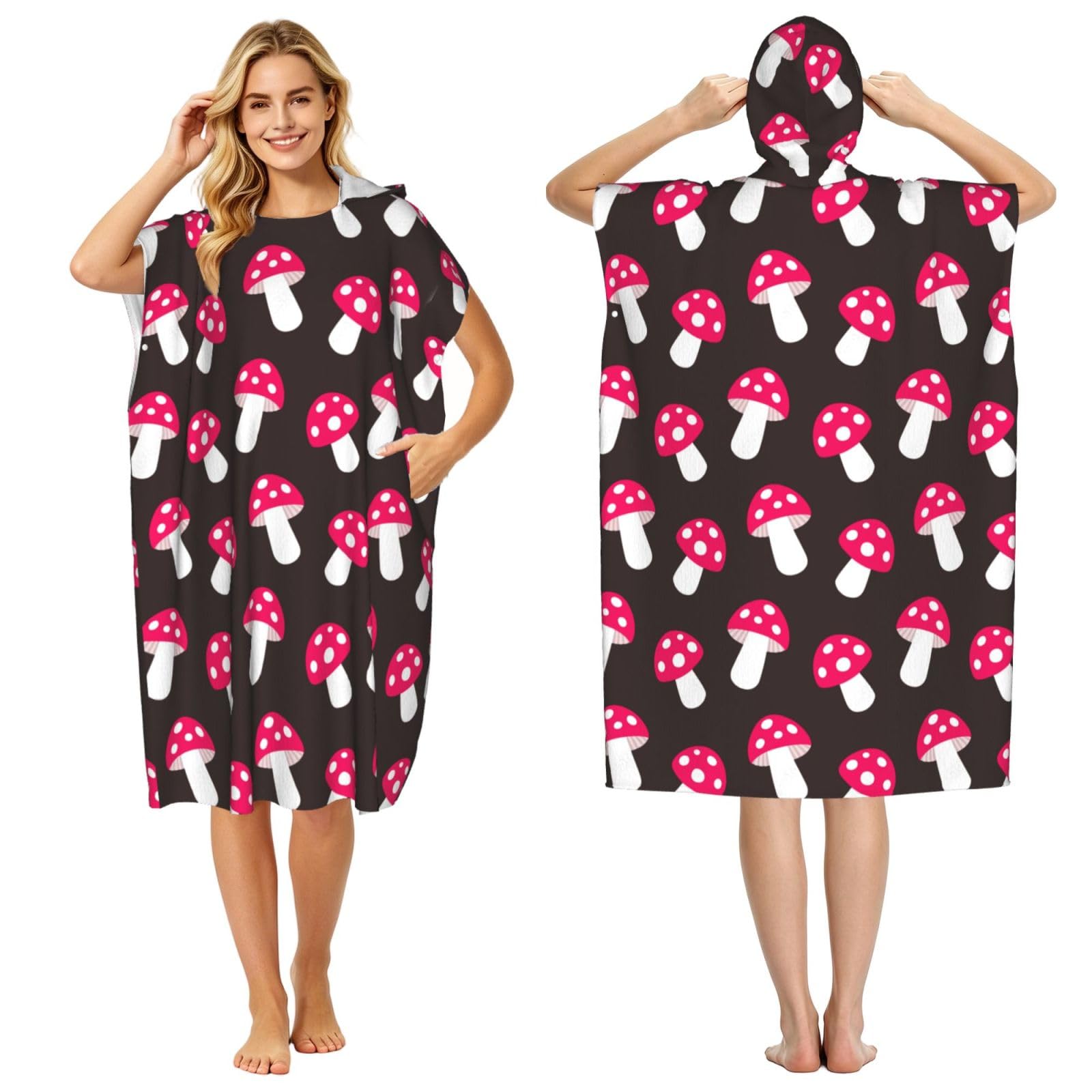 Poadnly Mushroom Fungus Pattern, Adult Hooded Beach Towel 90 x 110 cm,Changing Bath Robe, Surf Poncho Towel For Women Men