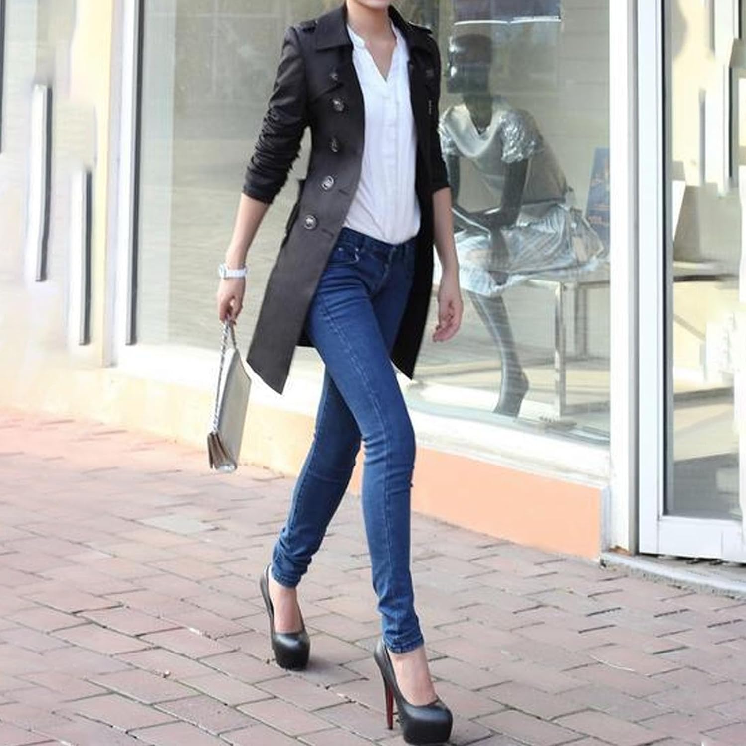Women's Double Breasted Trench Coat Water Windbreaker Belted Lapel Overcoat