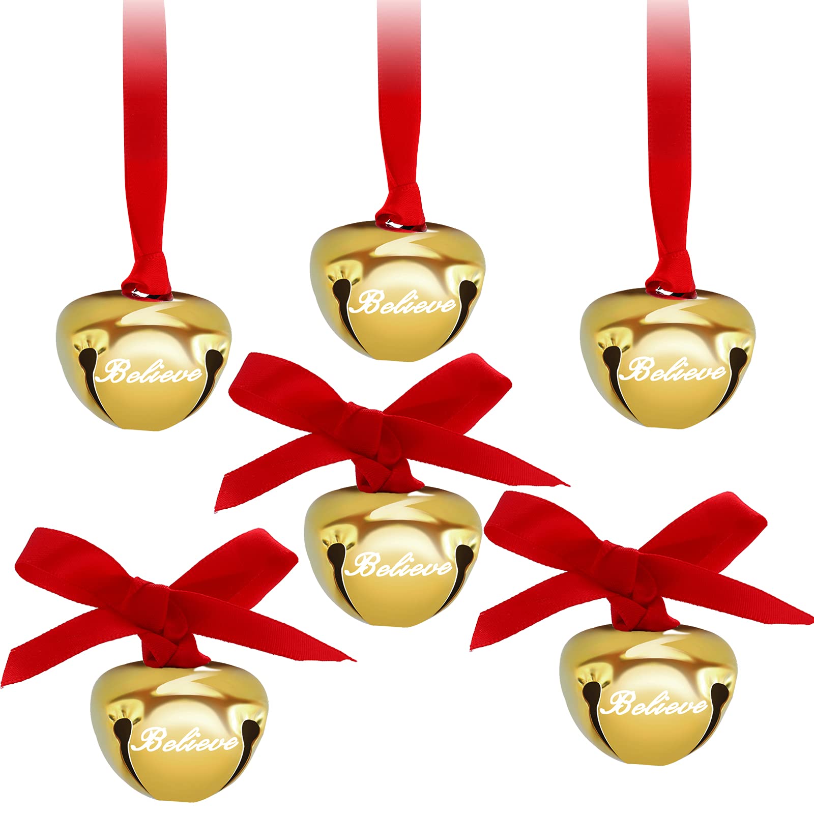 6 Pieces 1.5 Inches Christmas Believe Bells Ornament Sleigh Decoration Bell Jingle Bells Christmas Tree Bells for Xmas Gift Tree Home Decoration