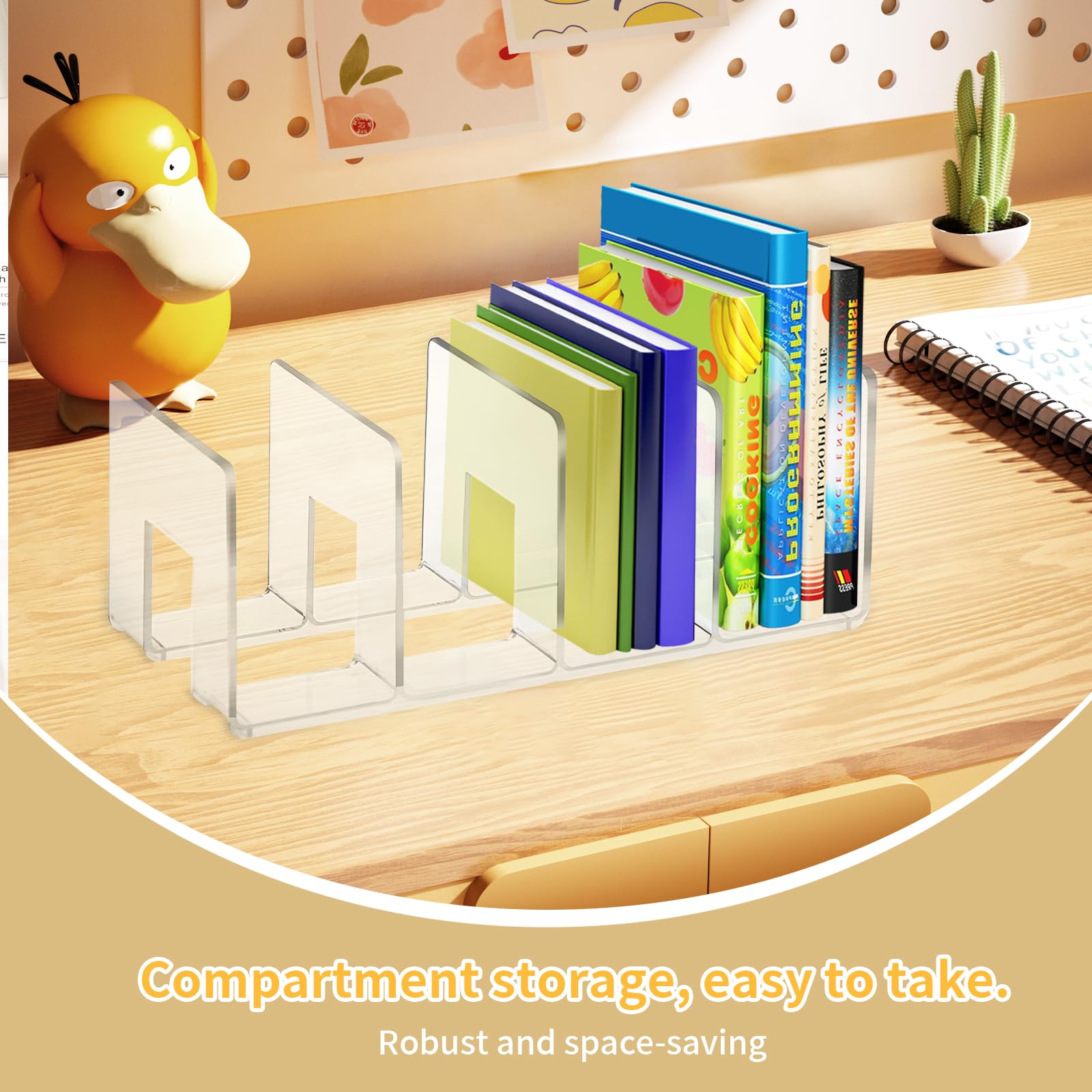 Organizador de Archivos Acrílico Transparente, Organizador Vertical de Escritorio Soporte de Libros Acrílico para Hogar, 4 compartimentos, Divisor de Estante para Revistas y Documentos, 32x14,5x13cm