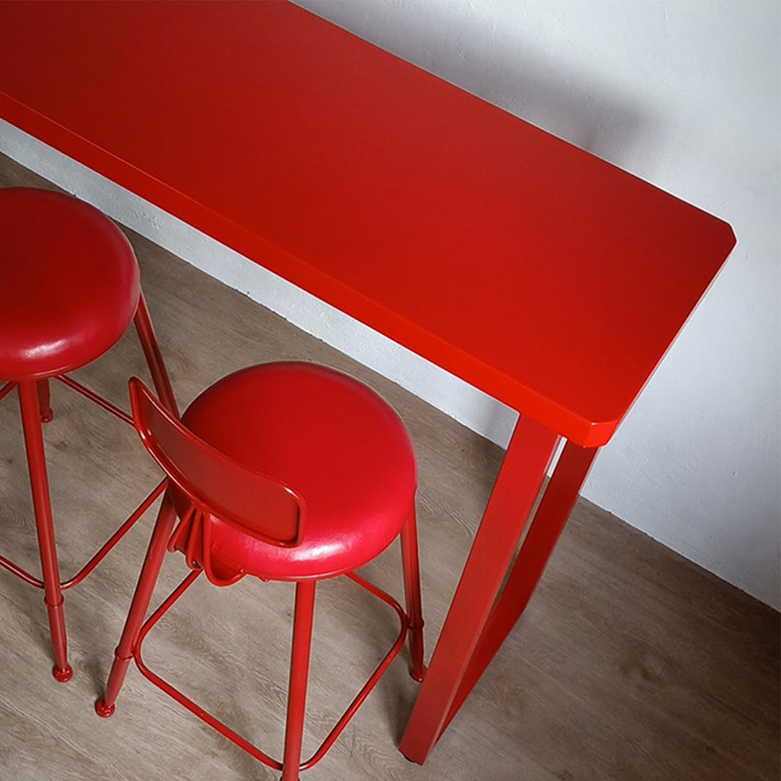 Tavolo Alto da Bar Rosso con Robuste Gambe in Ferro, Tavolino Alto Stretto e Lungo in Legno Massello con Piedini Antiscivolo per Cucina, Soggiorno, Pub, Caffetteria(150x40x105cm/59x16x41in)