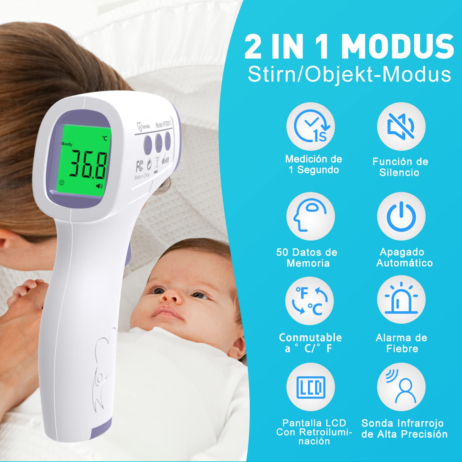 Termometro Digital Frente Adultos, Termometro Bebe Infrarrojos Sin Contacto, Termómetro Digital Con Alarma de Fiebre, 50 Lecturas Memoria, Modo Mudo, ℃ y ℉ Conmutable, Morado