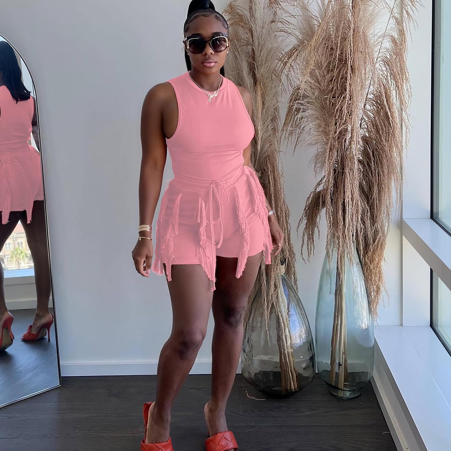 Elainone 2 Piece Outfits for Women Summer Shorts Sets Bodycon Sleeveless Tops High Waist Drawstring Shorts with Tassel - Image 4