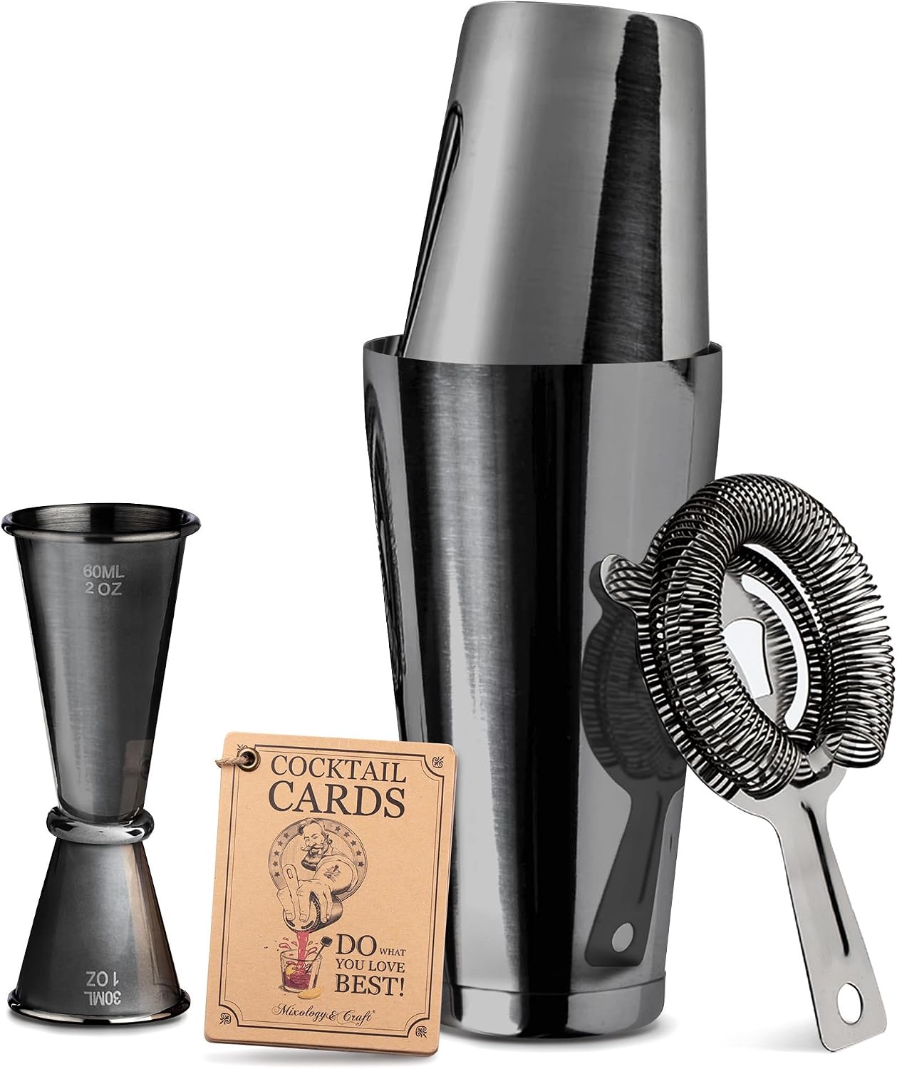 Mixology & Craft Boston Shaker Set with Weighted Martini Shakers | Cocktail Shaker Set Includes Strainer and Japanese Jigger | Great Gift Bar Set with Exclusive Recipe Cards | Leak-Proof (Gun-Metal)