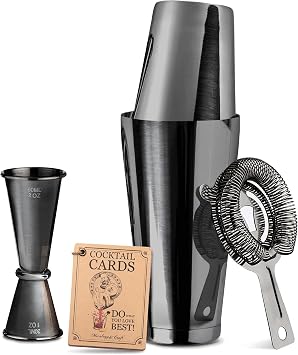 Mixology & Craft Boston Shaker Set with Weighted Martini Shakers | Cocktail Shaker Set Includes Strainer and Japanese Jigger | Great Gift Bar Set with Exclusive Recipe Cards | Leak-Proof Gun-Metal