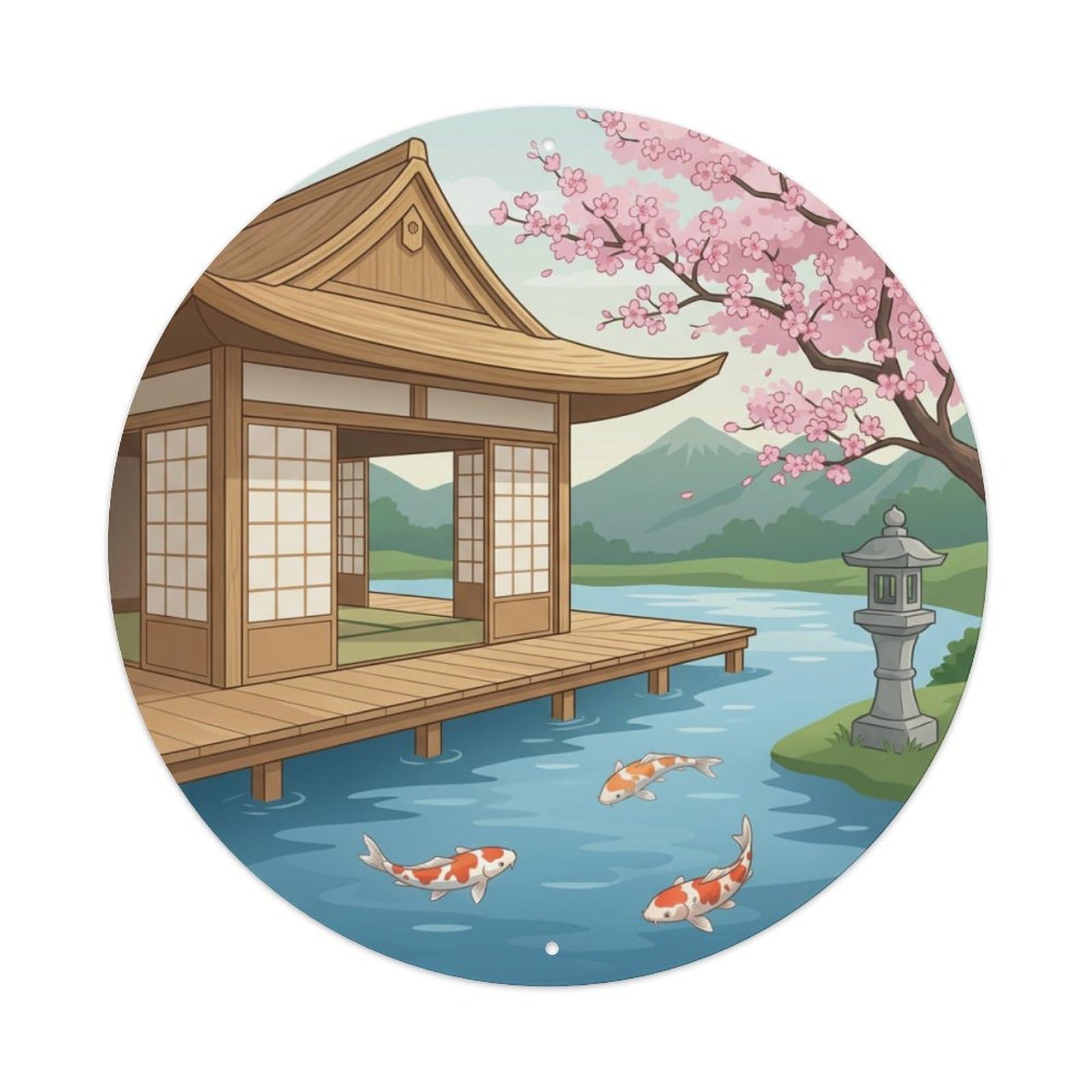 Galvaxio Style Japanese Koi Fish Waterside Pavilion Open Tranquil Metal Tin Sign