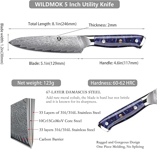 Miniatura 9 de WILDMOK Cuchillo multiusos para cocina  Cuchillo multiusos para pelar en cubitos, 5 pulgadas Damasco de 67 capas de acero Damasco VG10, mango de