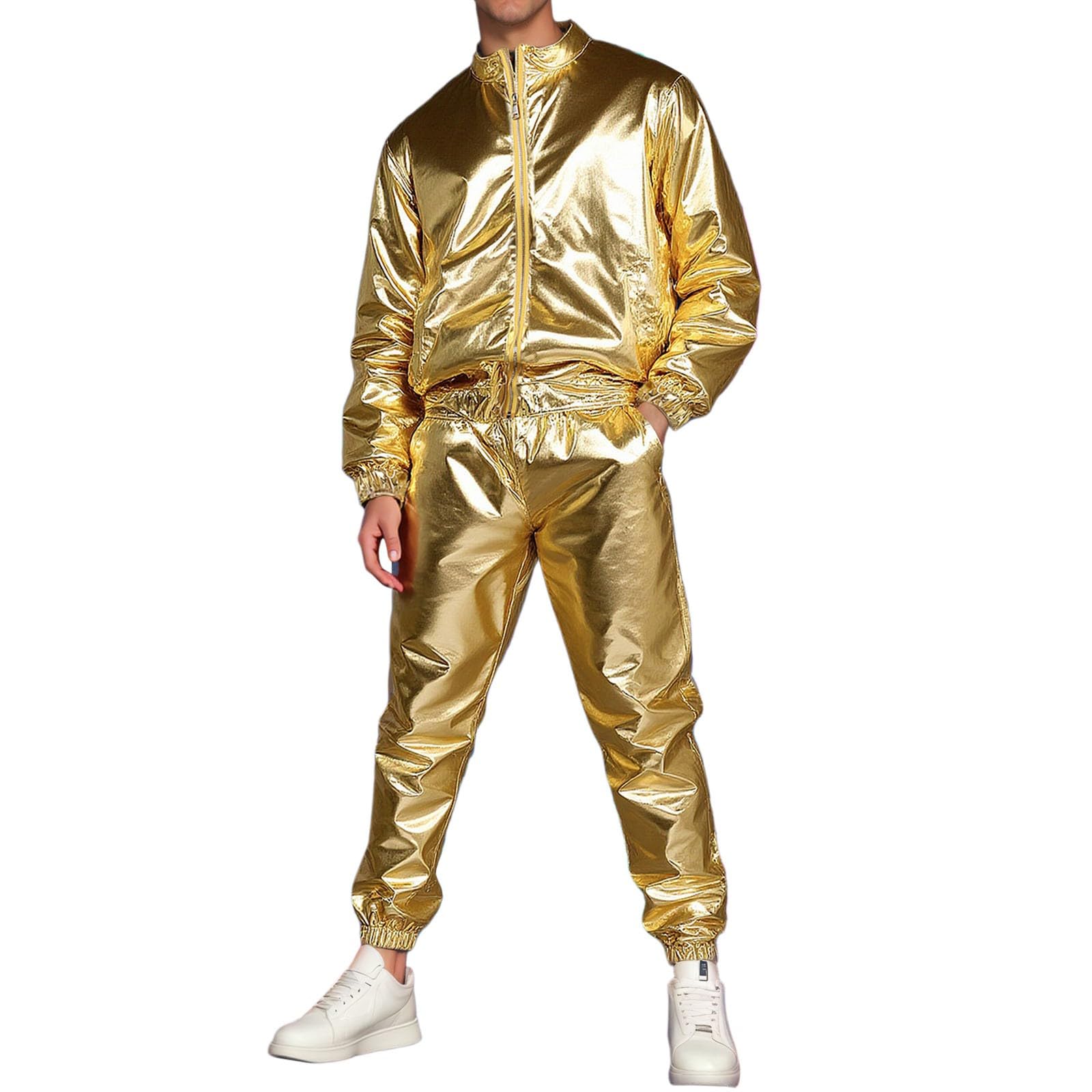 Caxndycing Metallic Suit Men's Shiny Tracksuit Long Sleeve Stand-Up Collar Bomber Jacket and Trousers 70s 80s Hippie Disco Outfit Clubwear Theme Party Halloween Costume, gold, L โ image 1