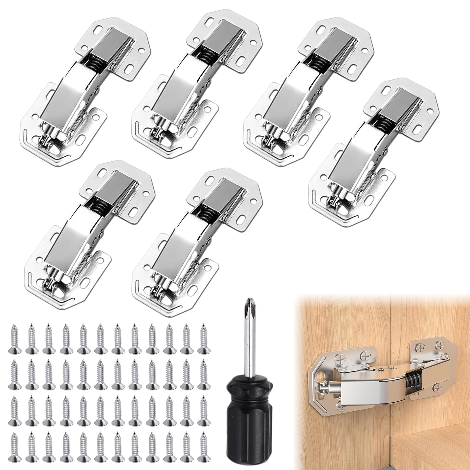 Cabinet Hinges, 6Pcs Kitchen Cupboard Wardrobe Hinges Soft Close Cupboard Door Hinge Hydraulic, No Drill Hinge with Screws and Screwdriver for Kitchen Cupboards Wardrobe & Cabinet Doors