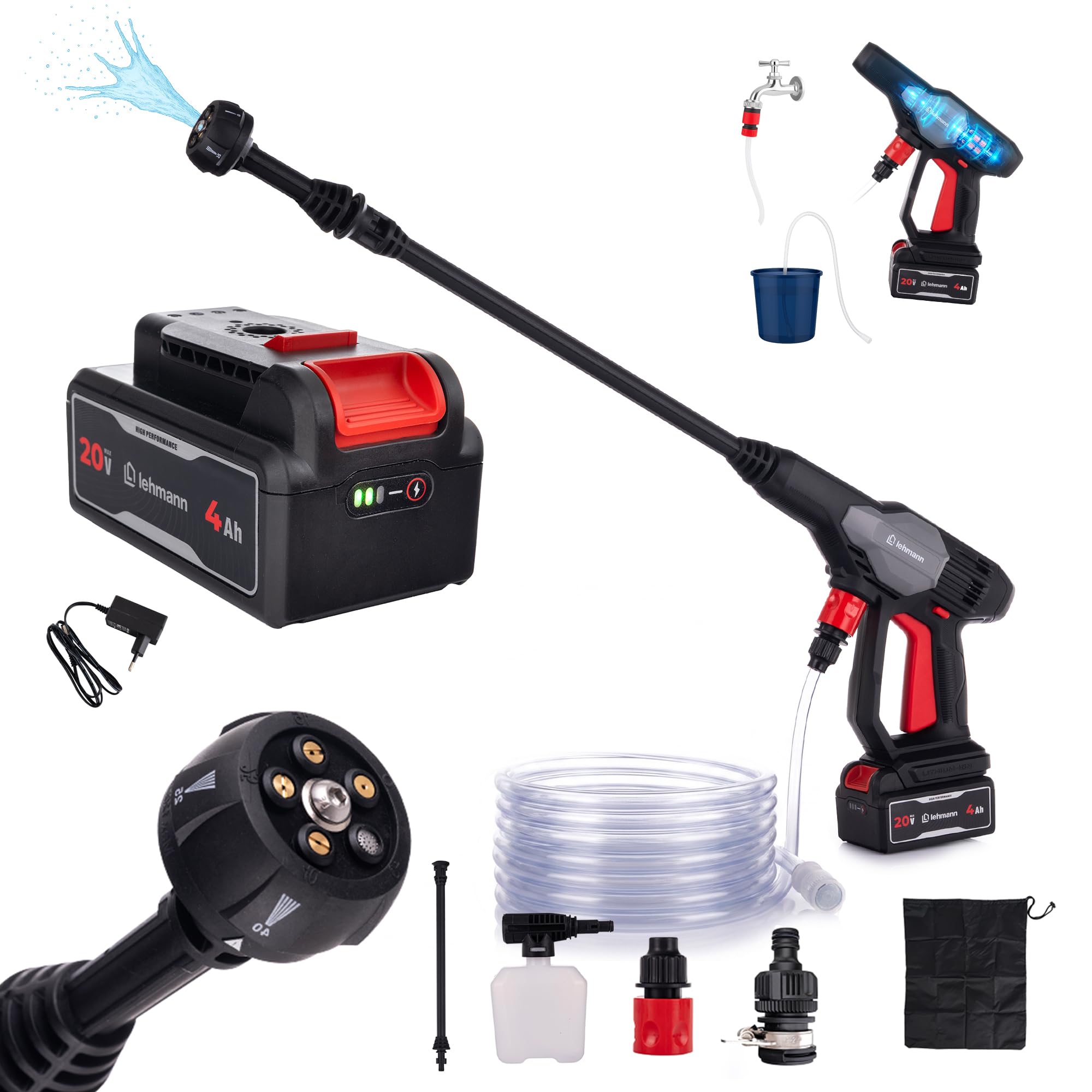 LEHMANN STREAM Mini Idropulitrice Portatile a Batteria 20V Max con Batteria 4Ah, Idropulitrice Autoadescante con Lancia 5 in 1, Tubo 6 m e Schiumatore per Auto e Terrazzo