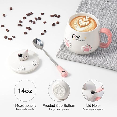 Miniatura 5 de Bgbg Bonita taza de cerámica con diseño de gato, taza de café y leche con bonita tapa de gatito, cuchara de garra kawaii, posavasos de anime, regalo