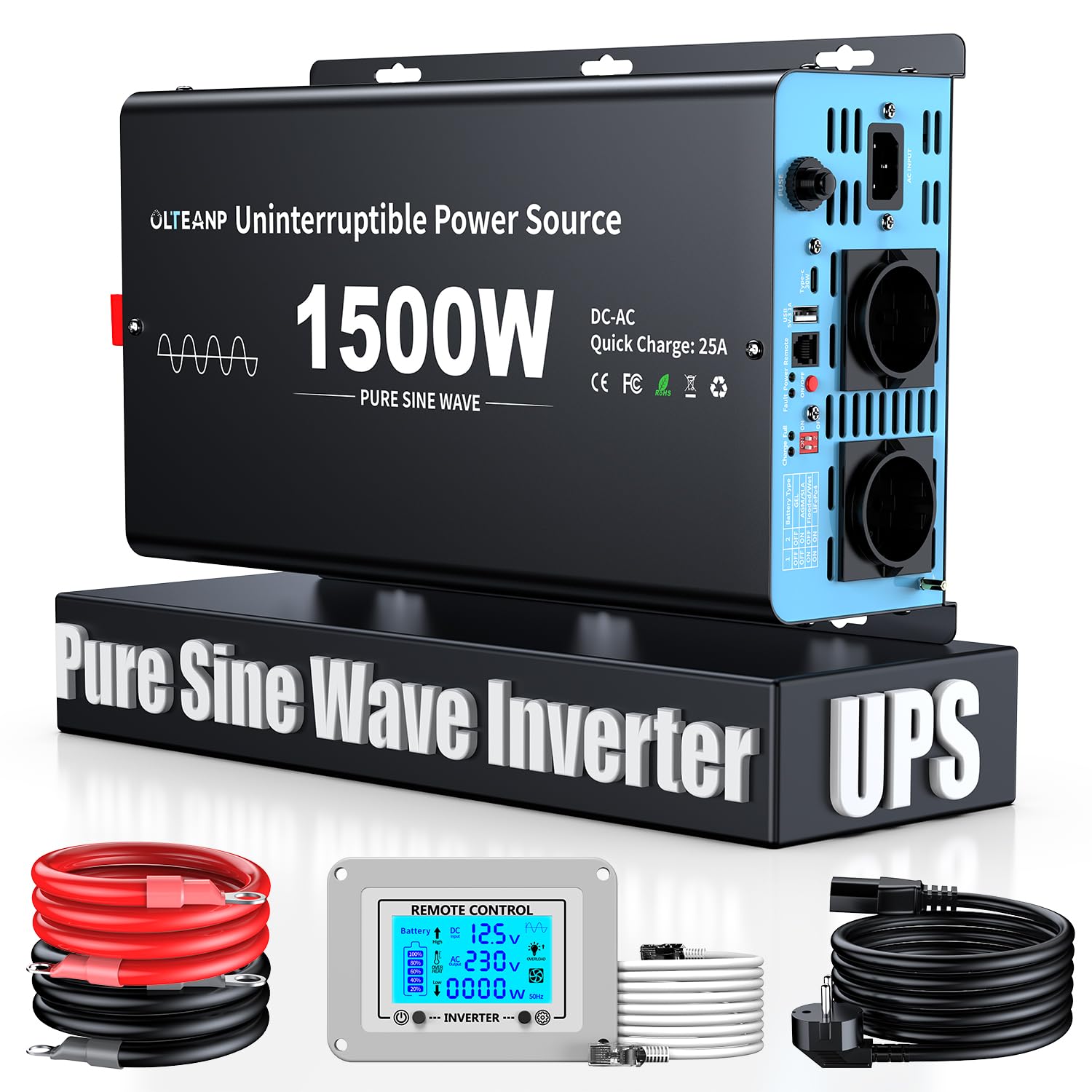 OLTEANP 1500W Wechselrichter12V auf 230V Reiner Sinus,Spannungswandler mit Netzvorrangschaltung und ladefunktion und USV Funktion,Fernbedienung mit LCD-Bildschirm, Automatische Umschaltung für Netz