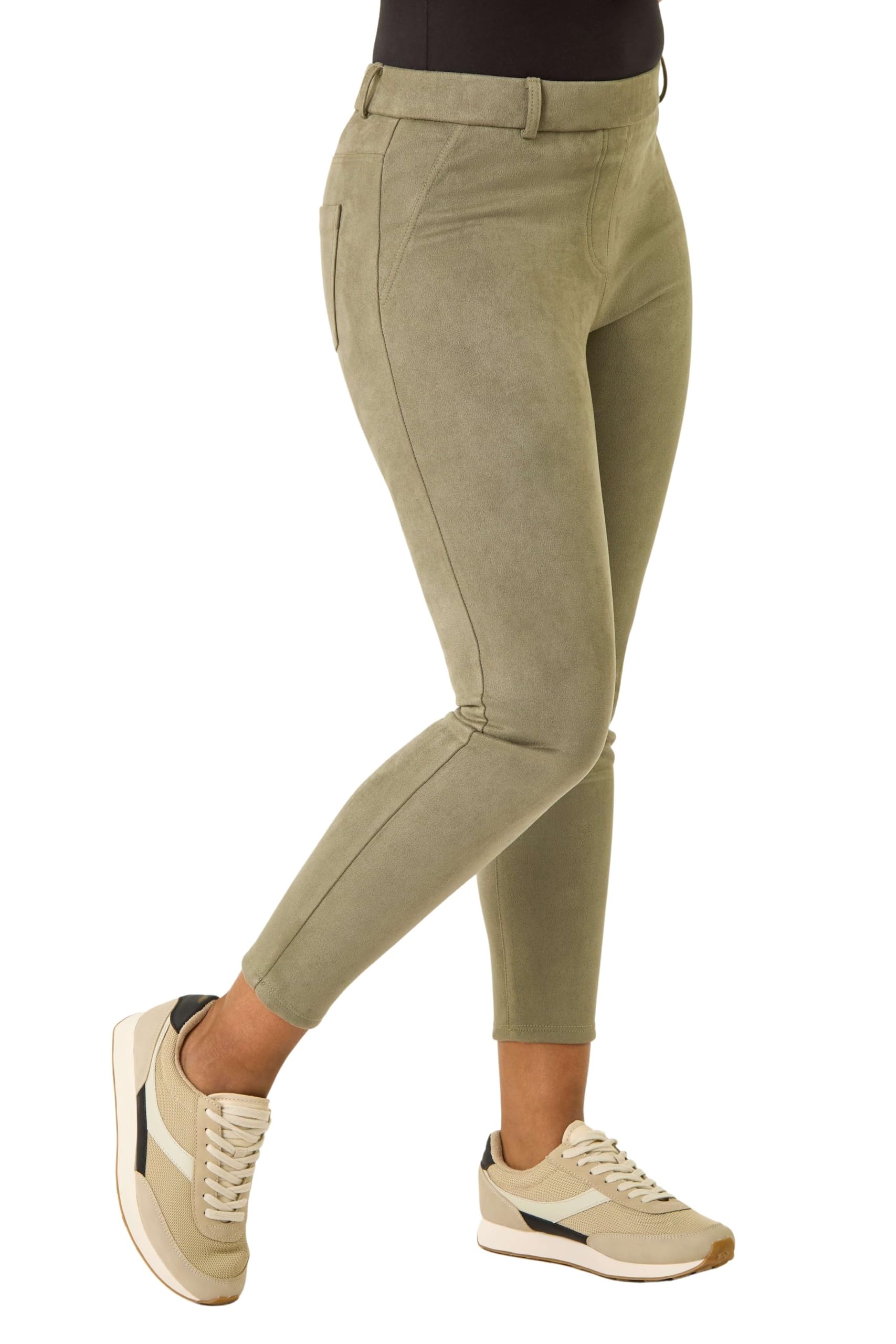 Roman Originals Women's Petite Khaki Roman Petite Faux Suede Stretch Jeggings For Uk - Everyday Autumn Winter Comfy Soft Evening Vacation Work Party Night Out - Size 12