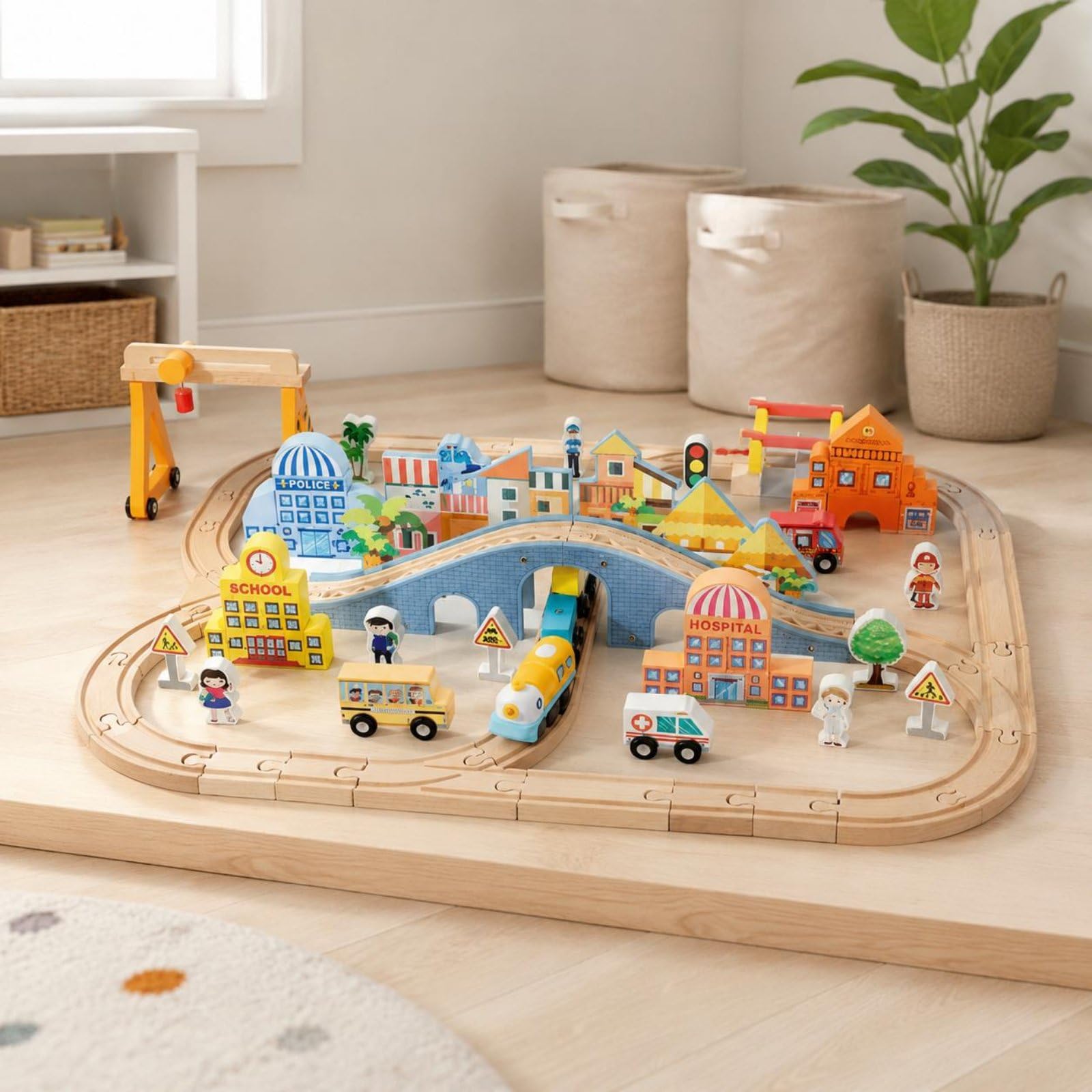 Colcolo Children Building Blocks Treno Giocattolo Binari Legno Città Modulabile con Ponti Segnali Stazione Edifici Figure Legno Resistente con Treno Elettrico