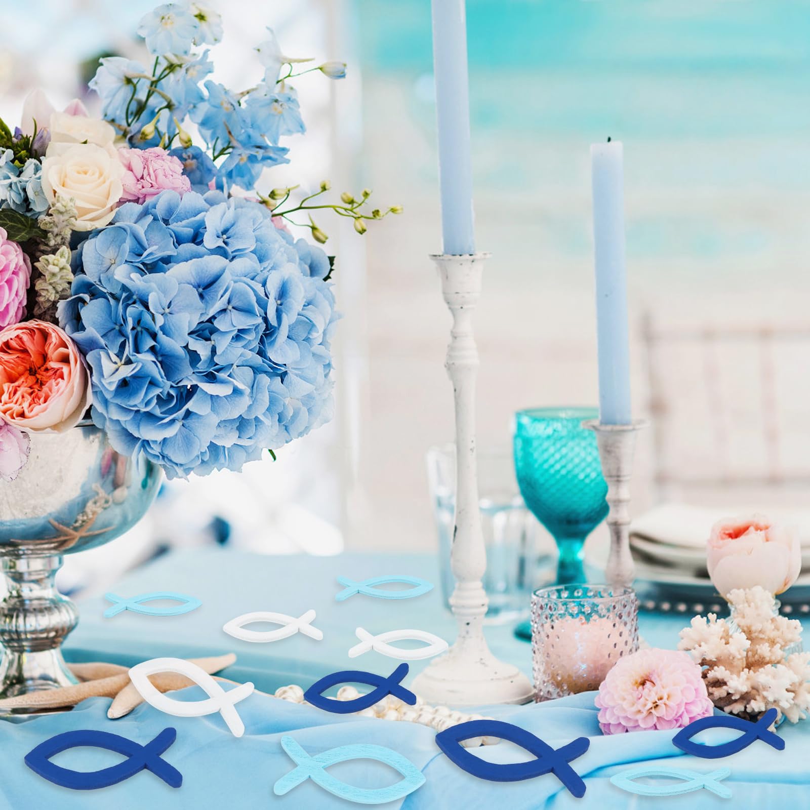 Decorazione da tavolo per comunione, 63 pezzi, per cresima, per la prima comunione, in legno, per la tavola, per la comunione, il battesimo, la ragazza (blu
