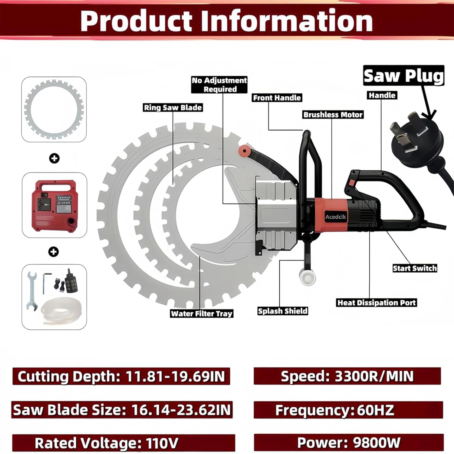 9800W Brushless Wall Cutting Saw, Ring Concrete Saw- Multi-Angle, Water Cooled. Cutting Depth 11.81-19.69 inchs, Diamond Blades for Granite, Stone & Concrete 410+520mm
