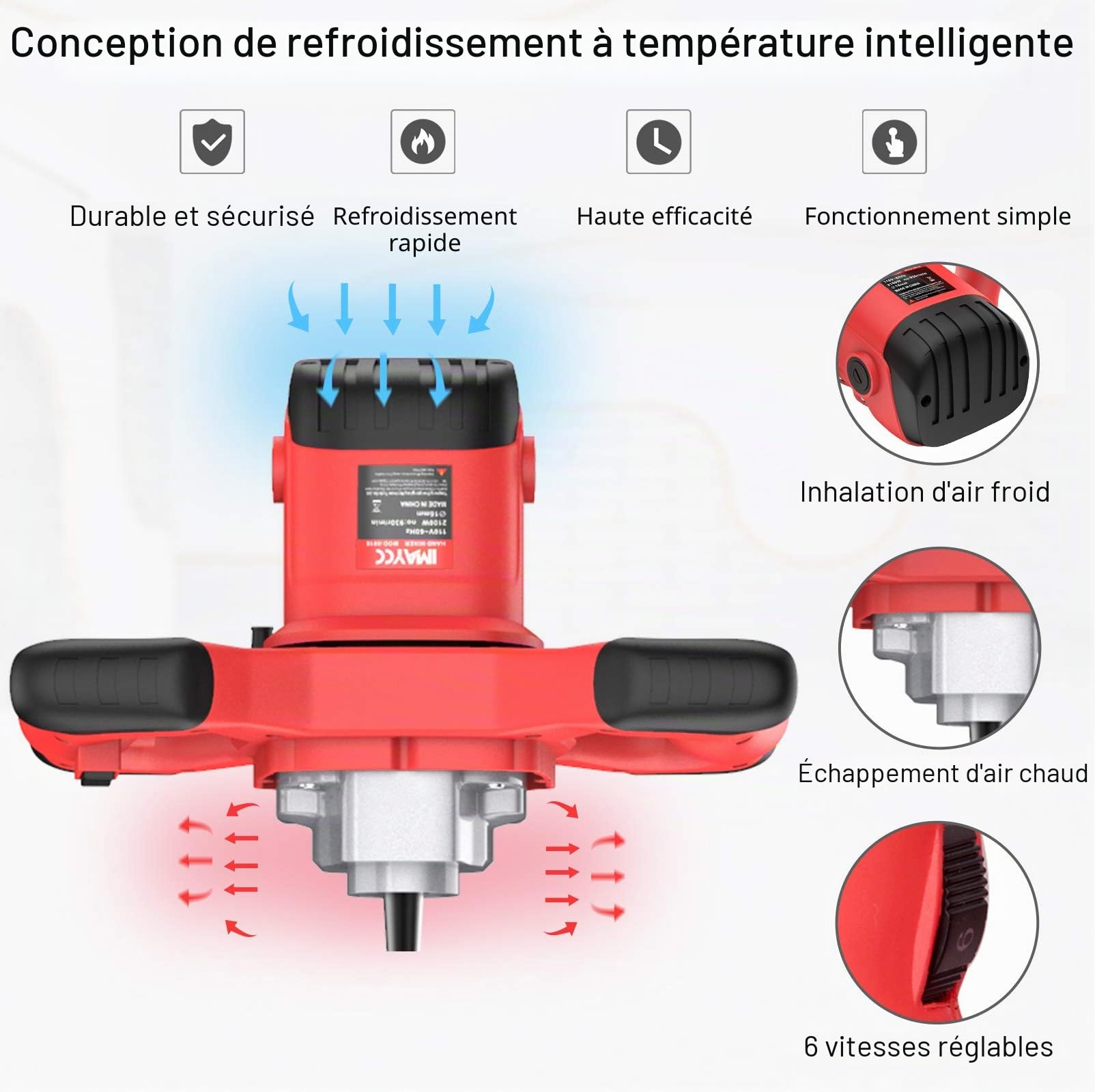 IMAYCC Mélangeur de mortier 2100 W, 270-930 tr/min, 6 vitesses, robinet à béton 220 V, tige spirale M14, mélangeur pour mortier Ø 120 mm, batteur manuel pour nourriture, plâtre, couleur