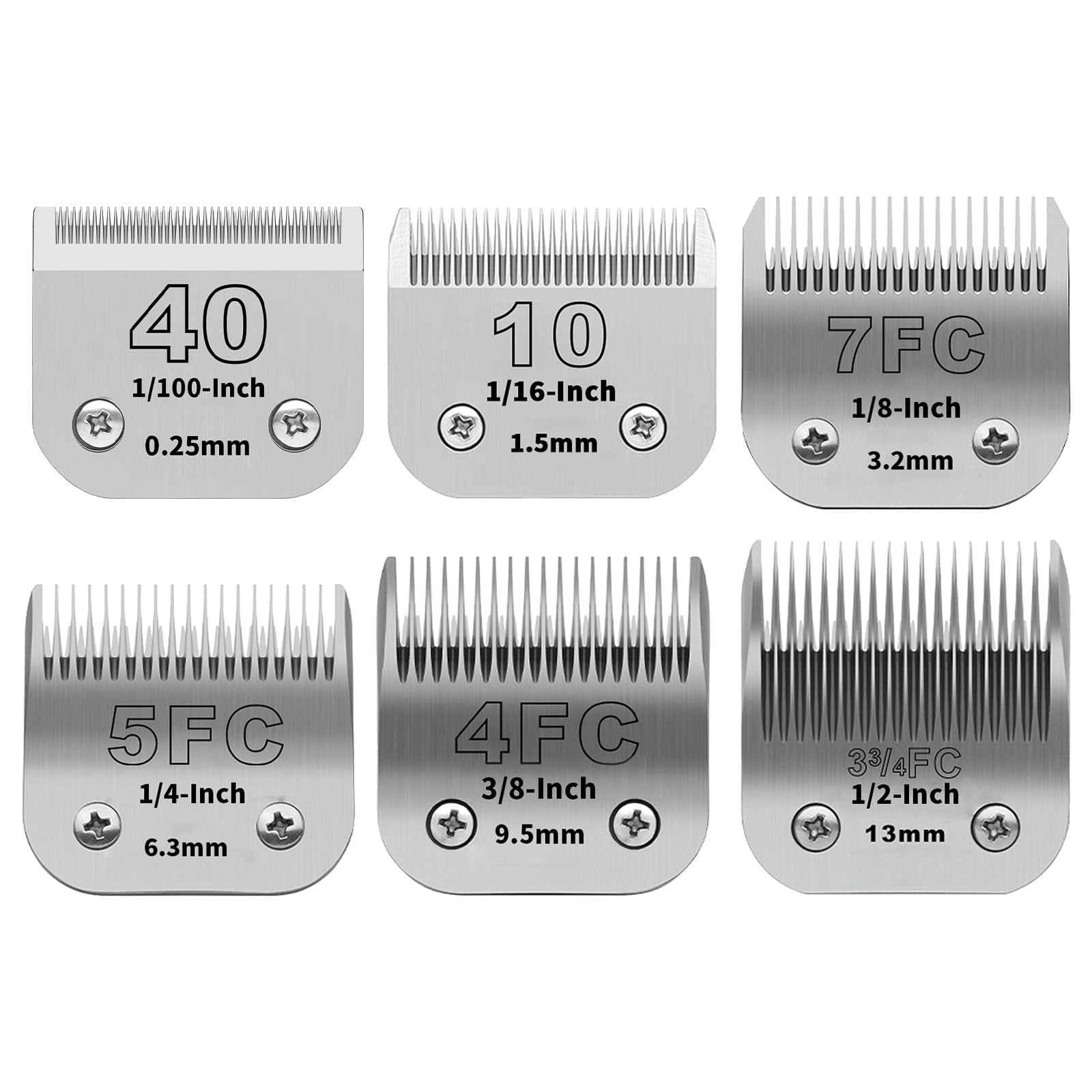 ZATEIRL 6-Pack Detachable Dog Grooming Clipper Blades β Silver Stainless Steel β Compatible with Andis, Oster A5, Wahl KM10, Moser, Heiniger β 1/100" to 1/2" Cut Length (10+40+7FC+5FC+4FC+3-3/4FC)