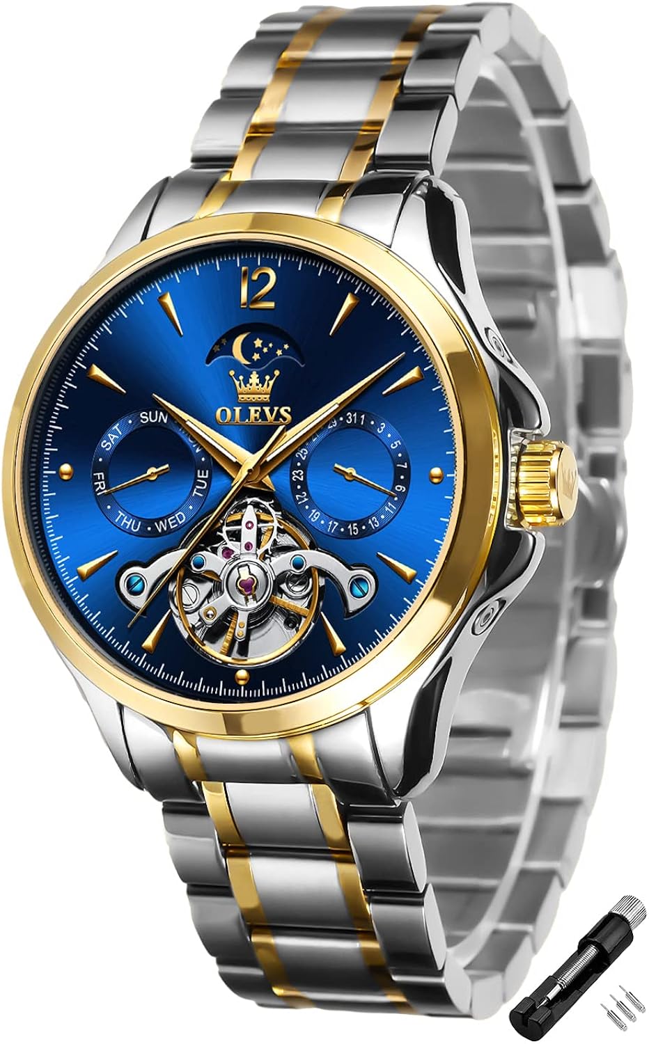 OLEVS Relojes para hombre automático automático automático Fase lunar Tourbillon diseñador esqueleto acero inoxidable fecha hombre reloj de pulsera