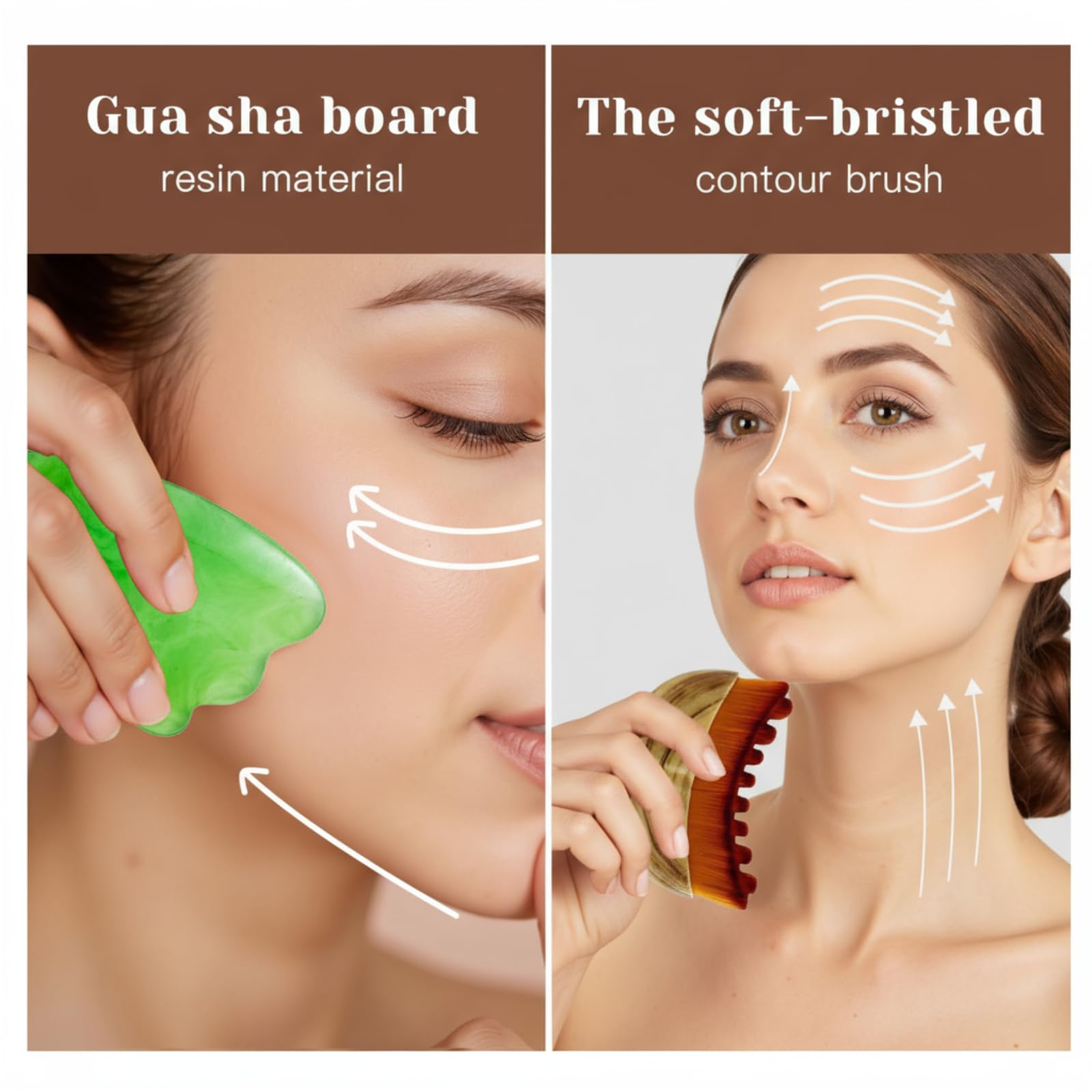 2 x lymphatische Kontur-Gesichtsbürste mit Gua-Sha-Werkzeug, Trockenbürsten, Gesichtsbürste, Lymphdrainage-Massagegerät für Gesicht, Kinn und Kieferpartie, Formgebung und Linderung von Müdigkeit