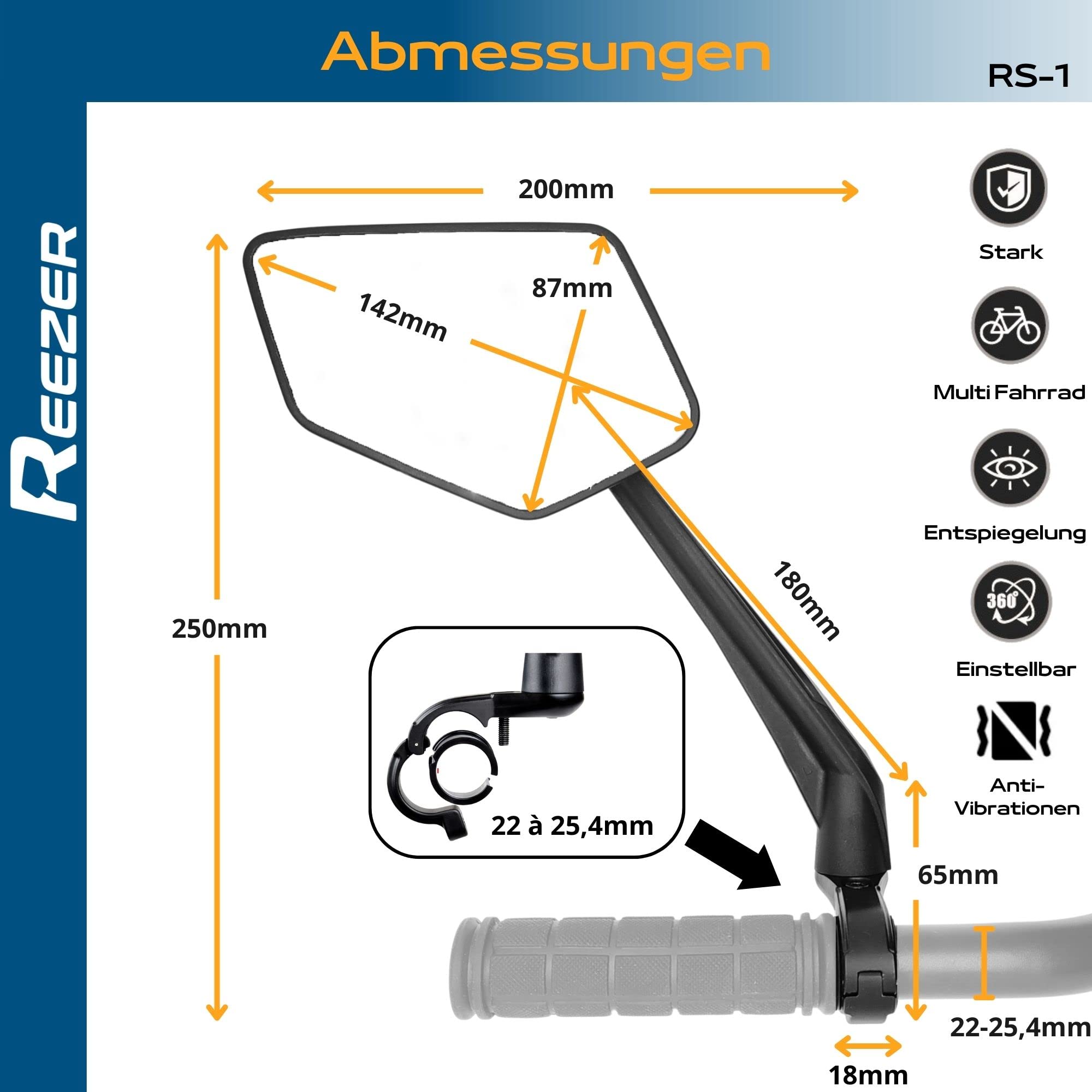 REEZER Fahrradspiegel links mit extra großer Spiegelfläche - 360° verstellbarer Fahrrad Spiegel für E-Bike & E-Scooter Lenker - Rückspiegel kompatibel mit allen Modellen - LINKS