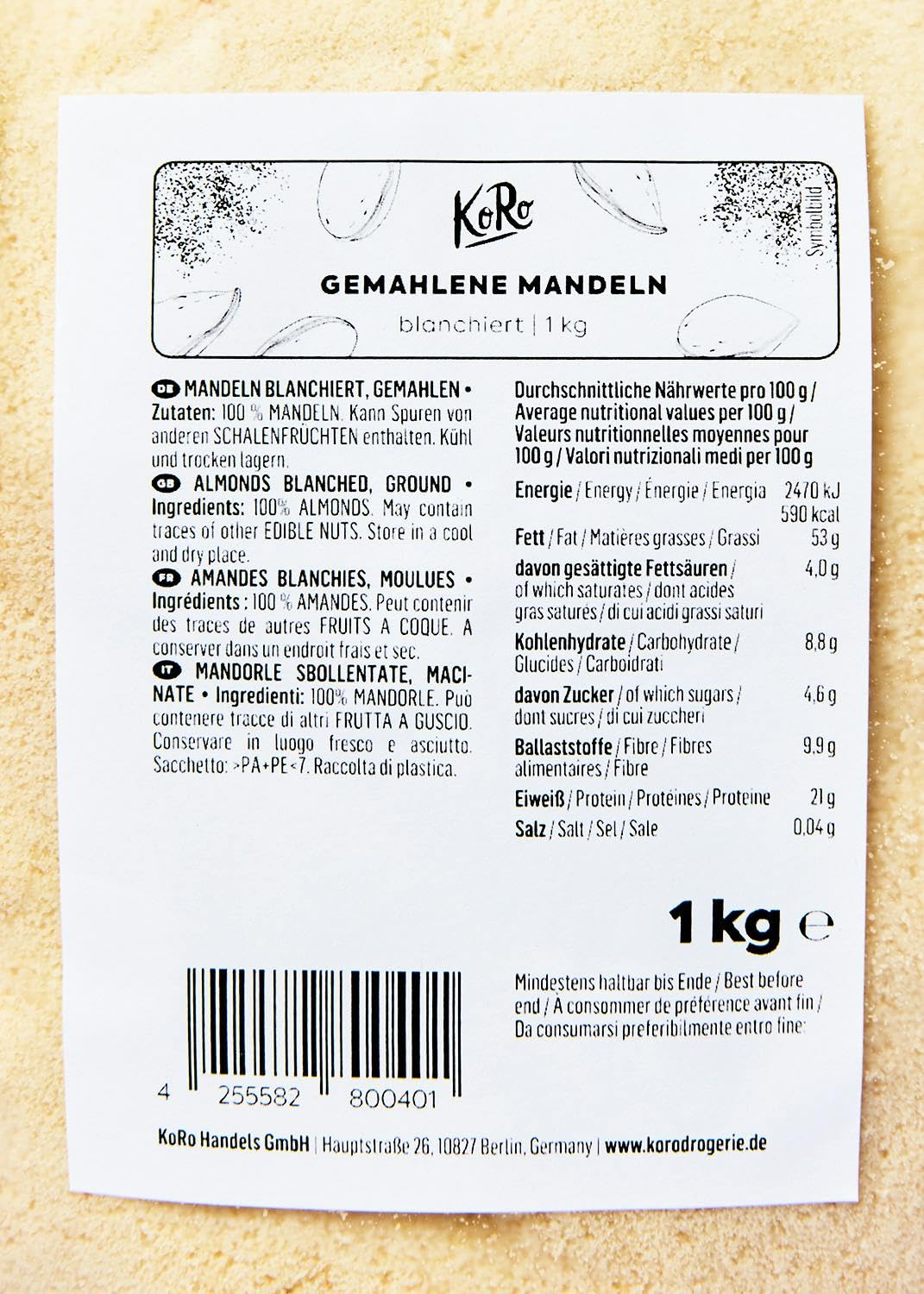 KoRo - Farina di mandorle sbollentate 1 kg - 100% mandorle - macinate e pronte all'uso - confezione risparmio