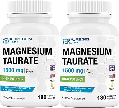 Puregen Labs - Taurato de magnesio de 1500 mg por porción alta potencia Total de 360 cápsulas vegetarianas, quelado para una absorción superior, sin