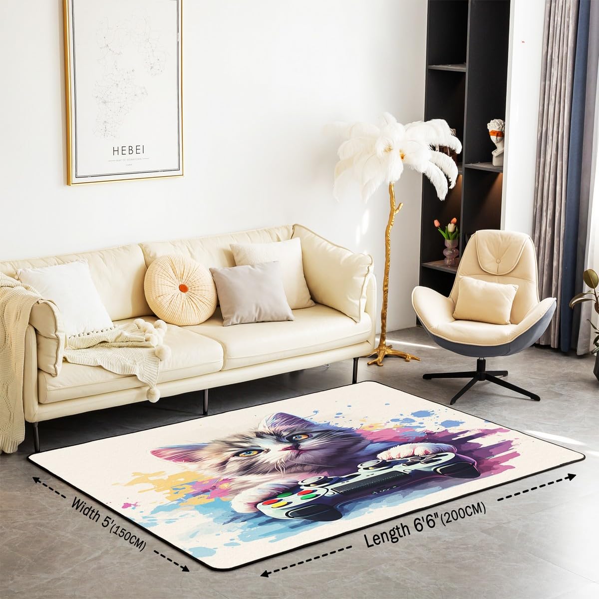 Loussiesd Dywan do salonu dla graczy, 100 x 150 cm, gamingowy dywan akcentujący dla chłopców, dziewcząt, nastolatków, nowoczesny kontroler konsoli do gier, mata podłogowa, joystick, beżowa, fioletowa,