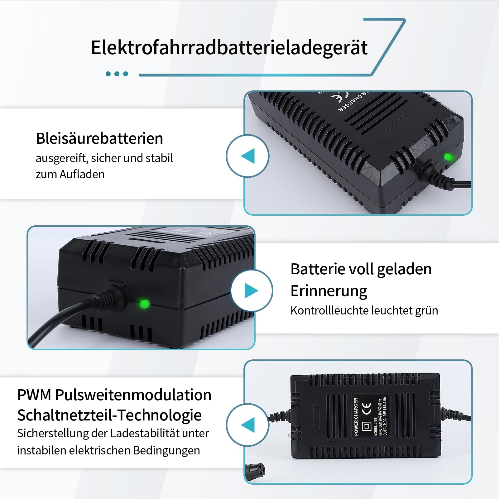 VBESTLIFE 36V intelligentes Automatisches Batterieladegerät,Bleibatterie Ladegerät Digitalanzeige für elektrisches Fahrrad/Automobil.(EU)