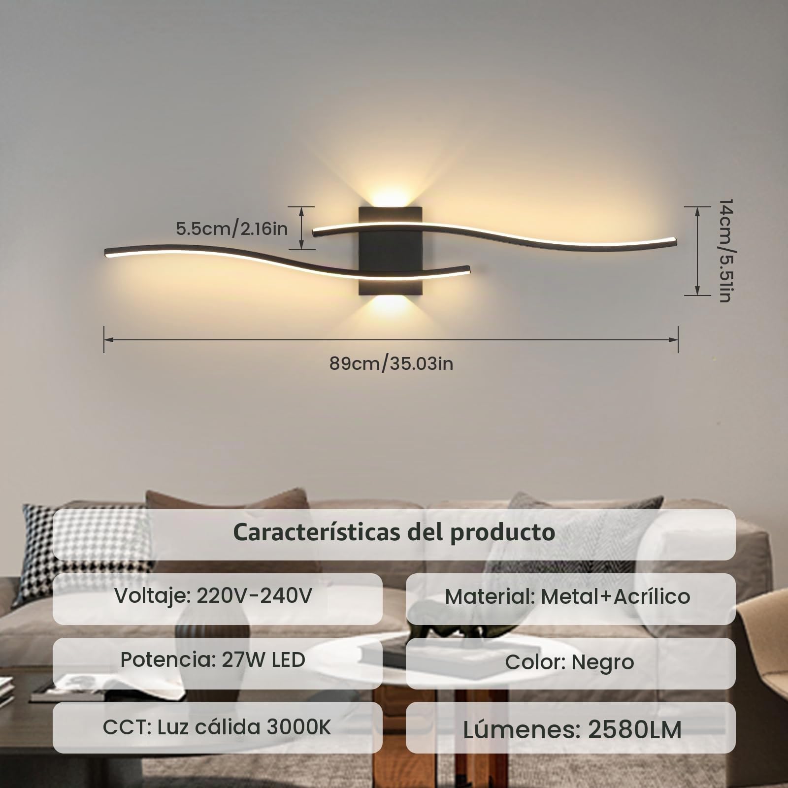 DELIPOP Aplique Pared Interior, 27W Largo Lámpara de Pared LED Moderna, Negro Iluminación para Salón Dormitorio Pasillo Estudio, Blanco Cálido 3000K | Diseño Largo Luz de Pared para Dormitorio Cocina Oficina Comedor Balcón