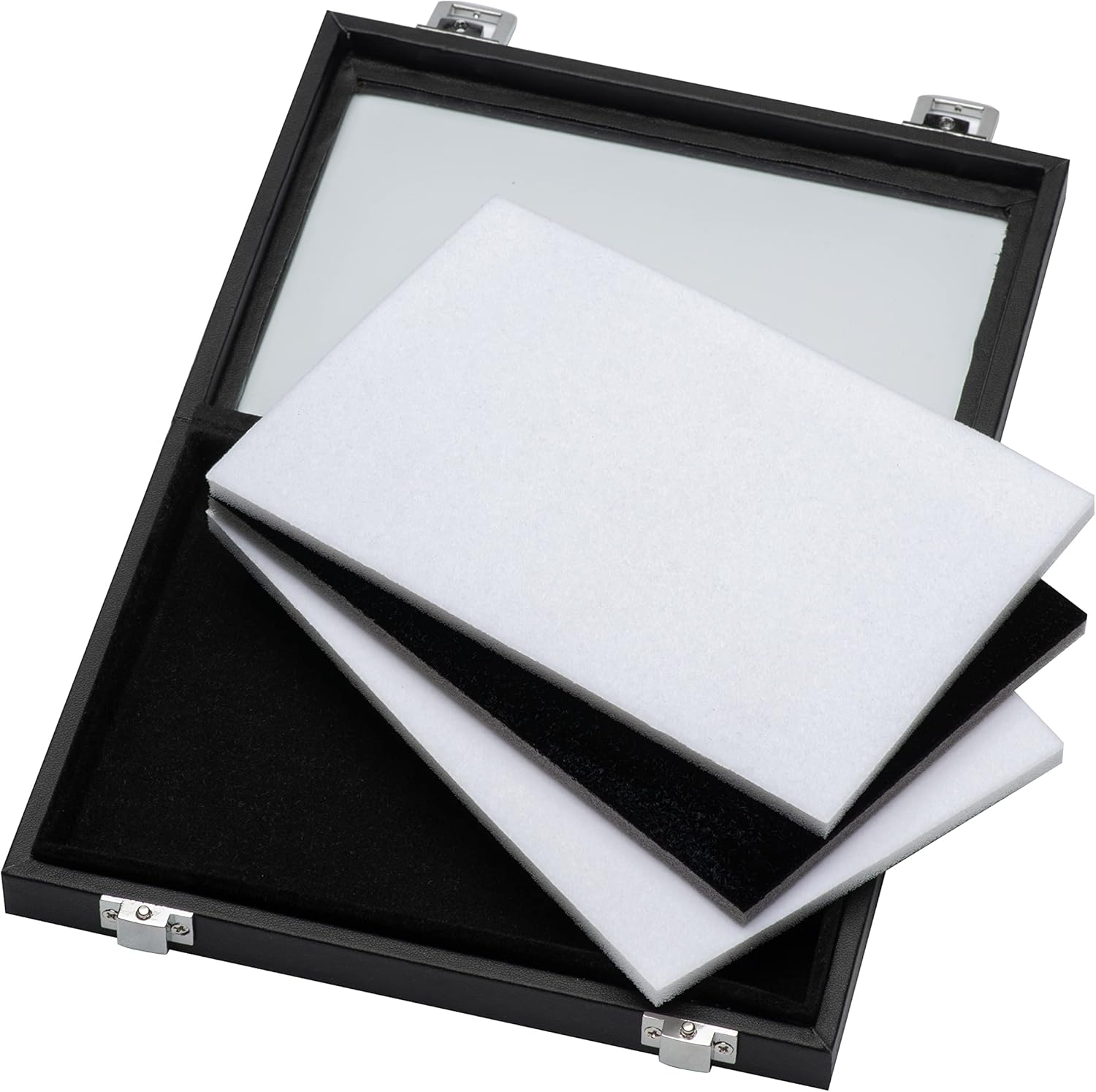 Jewelry Display Case Tempered Glass Top Lid Black Leatherette,Gemstone Display Case Jewelry Storage Box with Metal Clasp (Half-Size)