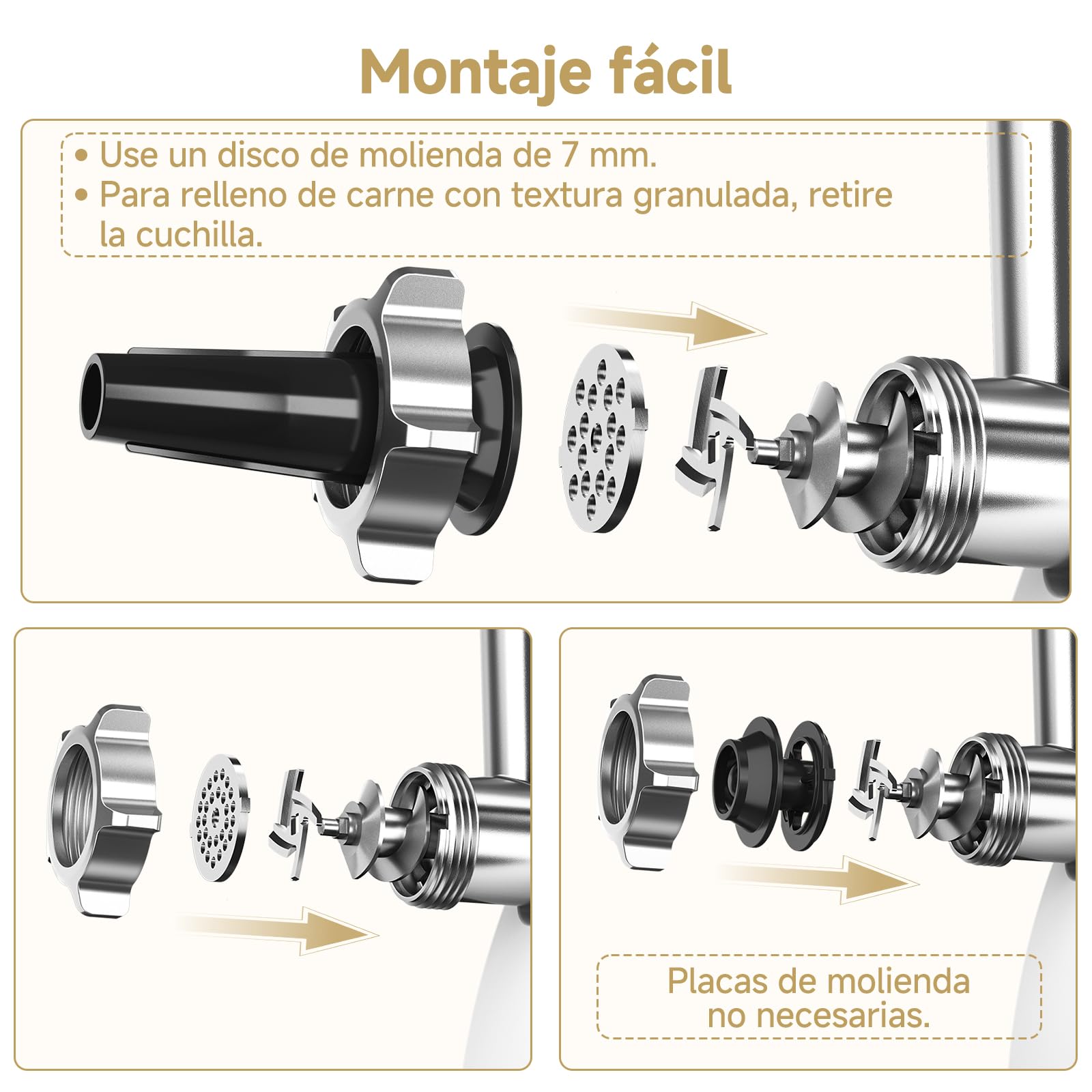 AMZCHEF Picadora de Carne Eléctrica para el Hogar - con 3 Placas, Rellenador de Salchichas & Kit Kubbe | Ideal para Carne Picada, Salchichas & Cocina Doméstica