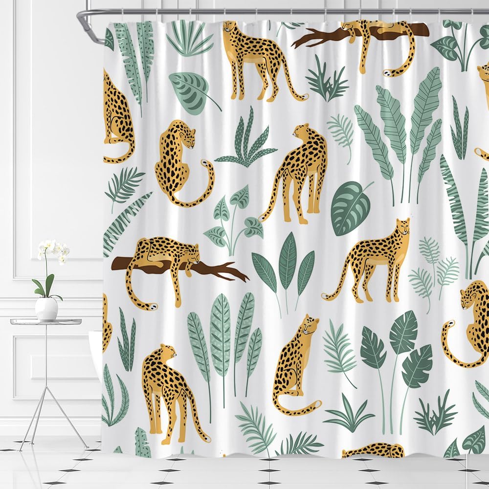 Leopard Shower Curtain Cheetah Tropical Palm Leaf Jungle Rainforest Wildlife Animal Asian White Home Fabric Bathroom Decor Set Include Hooks,(78" Wx70 H)