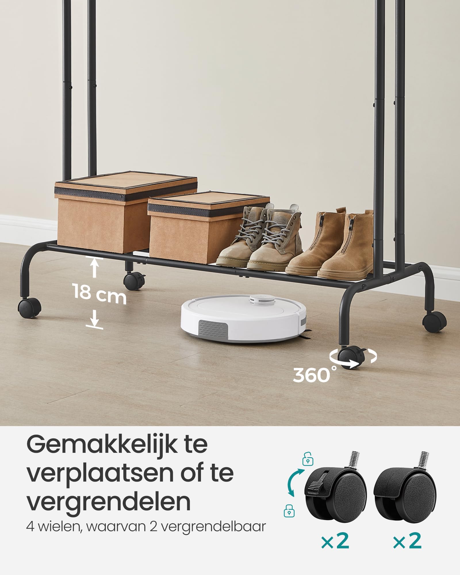 SONGMICS Kapstok op wielen, 2 kledingstangen, kapstok van stalen buizen, belastbaar tot 100 kg, 103,5 cm breed, multifunctionele opslag, zwart HSR107B01
