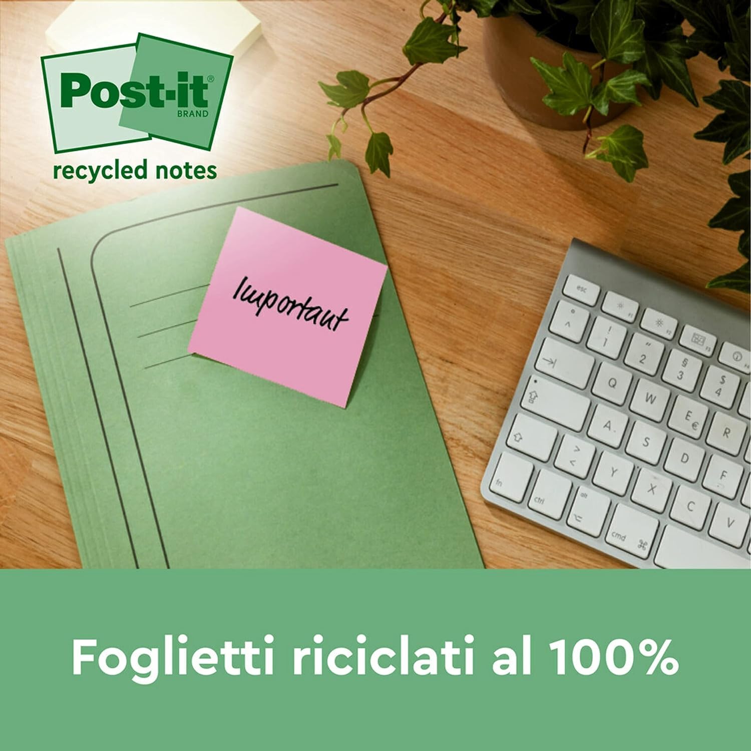 Post-it Foglietti Super Sticky Riciclati, Confezione da 12 Blocchetti, 70 Fogli per Blocchetto, 47.6 mm x 47.6 mm, Rosa, Verde, Blu, Viola, Giallo - Foglietti Super Adesivi in carta riciclata al 100%