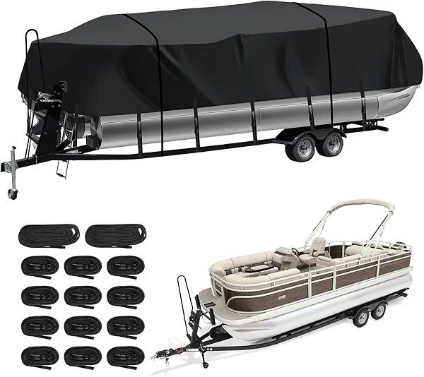 Heavy Duty Trailerable Pontoon Boat Cover (XL), 22'1''-24'2'' Marine Grade Waterproof Cover with Adjustable Windproof Tightening Strap & Anti-UV for SunTracker Party Barge/SPORTFISH/Fishin Barge