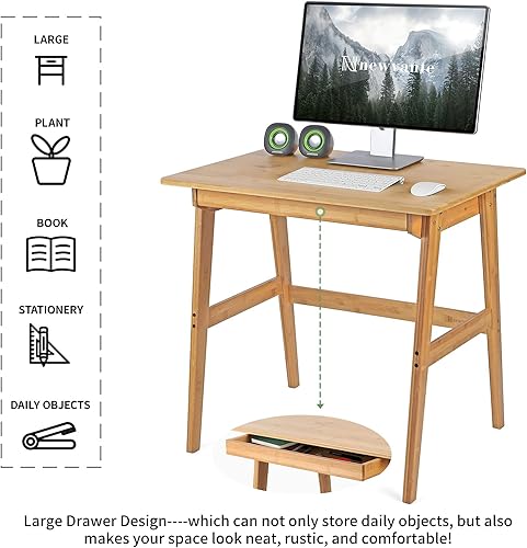 Miniatura 5 de Nnewvante Escritorio para computadora de escritura de 31.5 pulgadas, mesa de oficina en casa de bambú con cajón grande, muebles modernos, estación