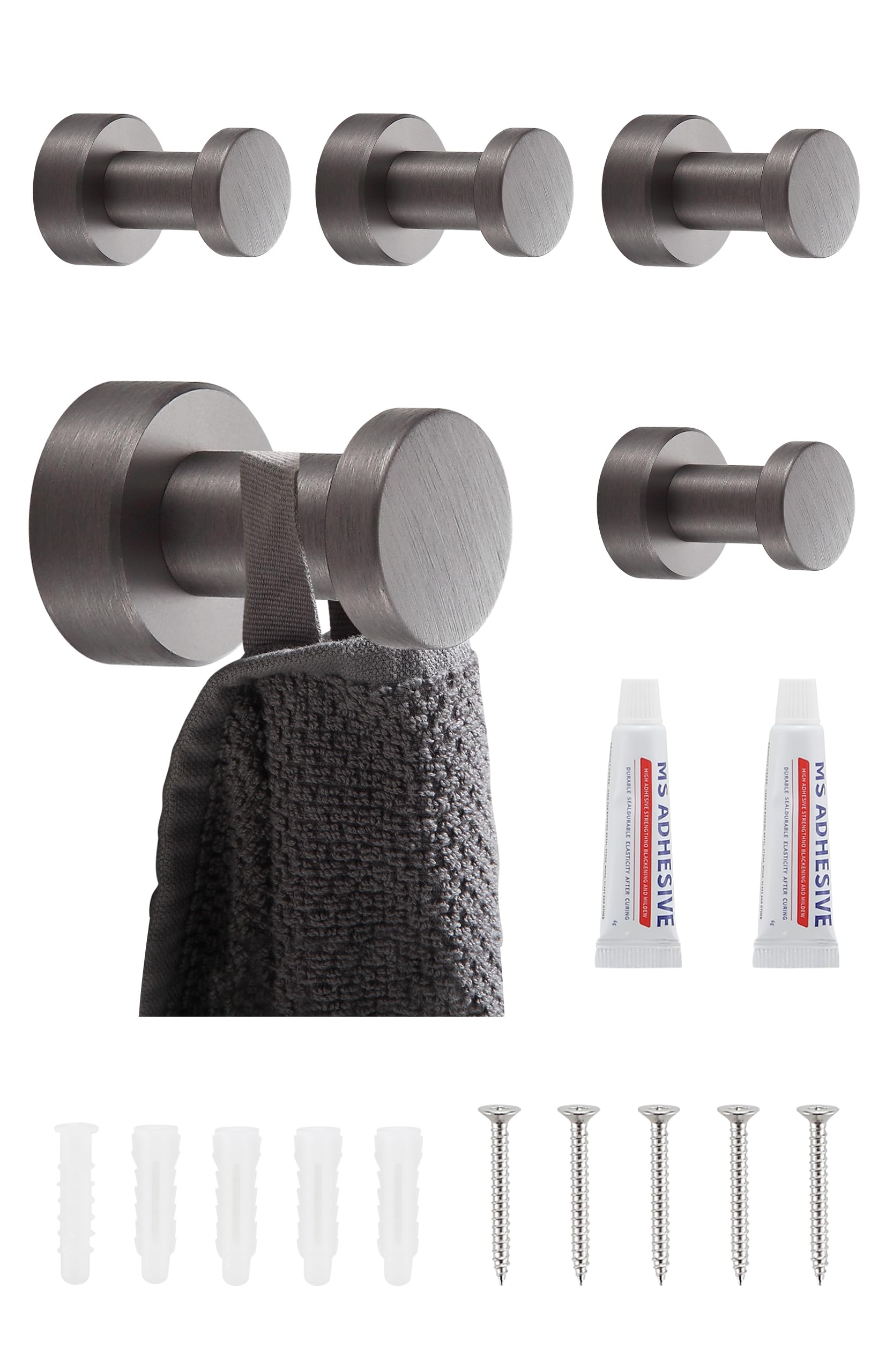 BGL Wall Hooks Grey - Set of 5 | Rustproof Metal Towel Hooks for Bathroom and Kitchen | Self-Adhesive or Wall Mounted