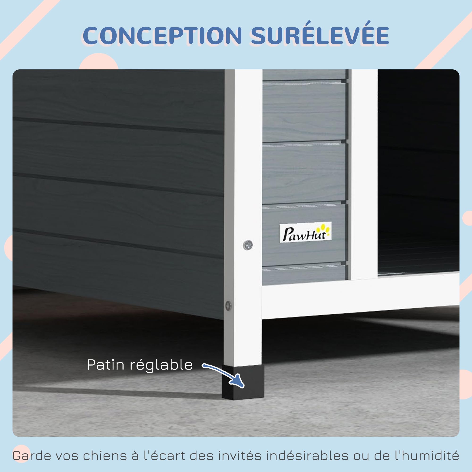 PawHut Niche pour Chien extérieure en Bois, Maison Chien avec Plancher Amovible, Pieds réglables, 84 x 99 x 87 cm, Gris