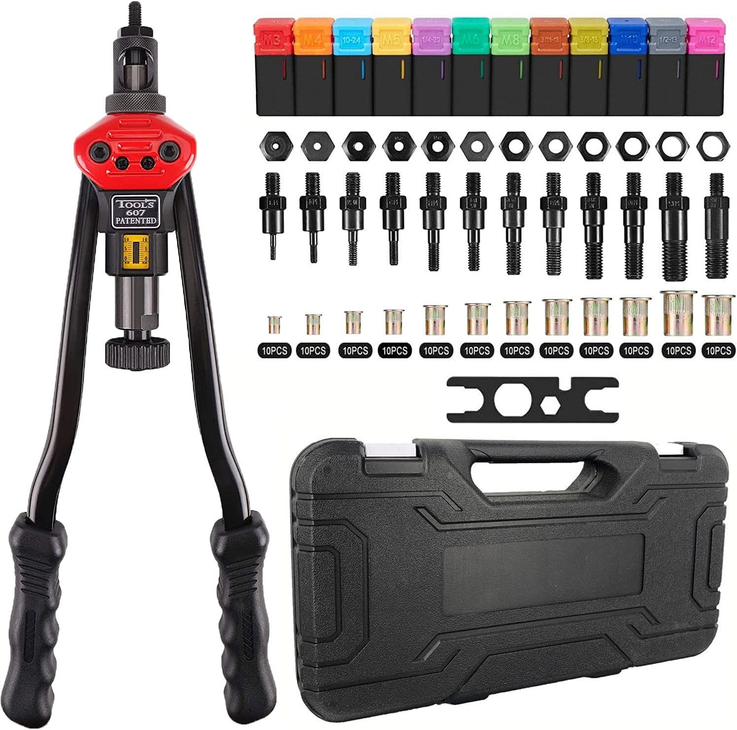 zision tool 16″Hand Riveter Rivet Gun Professional Installation kit Including 12 Interchangeable Mandrel(M3 M4 M5 M6 M8 M10 M12 SAE 10-24, 1/4-20, 5/16-18, 3/8-16,8-32)and 120 PCS Rivets Nuts