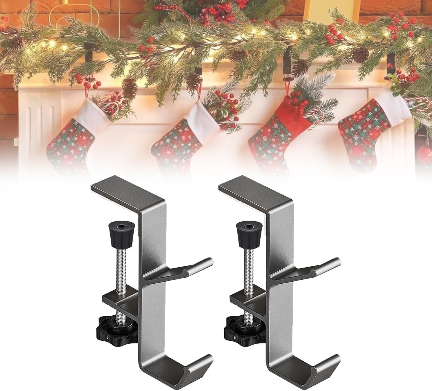 Garland and Stocking Mantel Holders, 2 in 1 Mantle Hangers Heavy Duty, No Drill Garland Fireplace Stocking Hanger, Christmas Decorations Garland Stocking Holder Dual Purpose with Two Hooks(Gray,2Piece