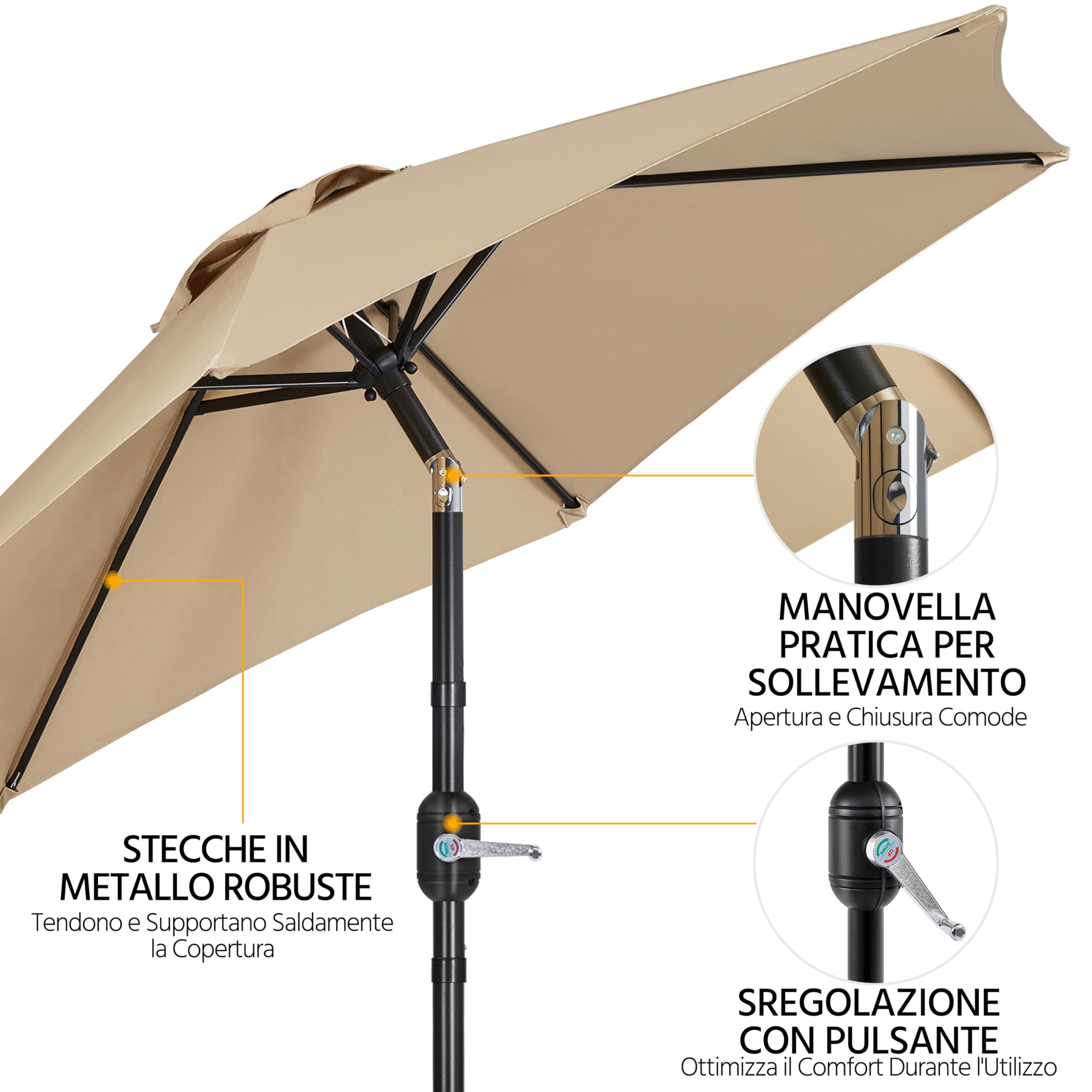 Yaheetech Ombrellone da Giardino 226 cm con 6 Stecche in Poliestere e Metallo Inclinabile Protezione UV Cortile Piscina Esterno Ecrù