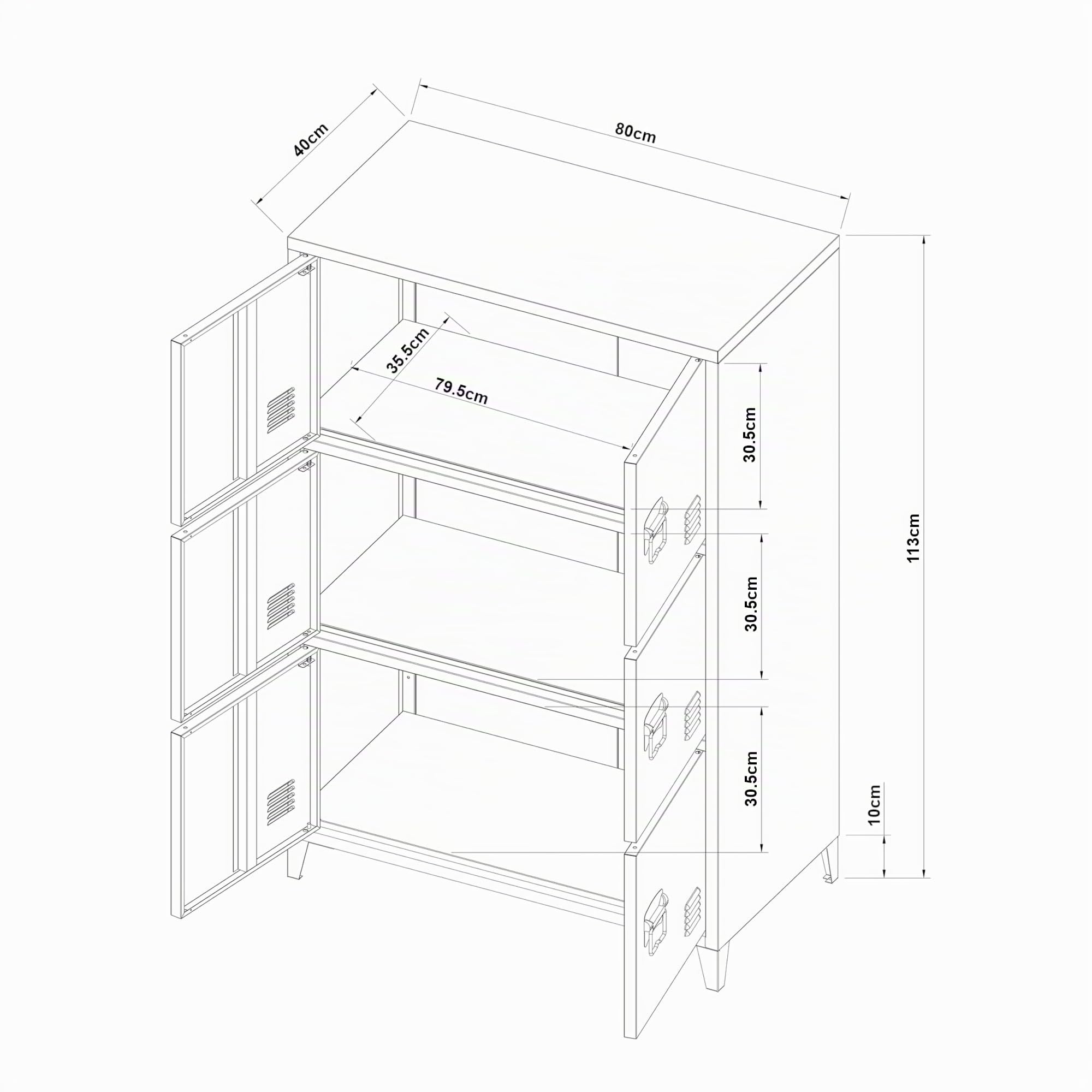 [en.casa] Armario de Oficina Mueble de Oficina Archivador de Estudio con 2 Estantes con 6 Puertas Ranuras de Ventilación Acero 113 x 80 x 40 cm - Negro