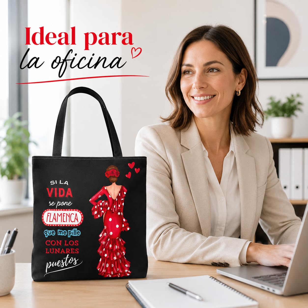 Bolso Tote Flamenco 43x43 cm – Bolsas de Tela con Diseño de Flamenca – Impresión Doble Cara – Asas 60 cm – Poliéster 400 g/m² – Colección Málaga
