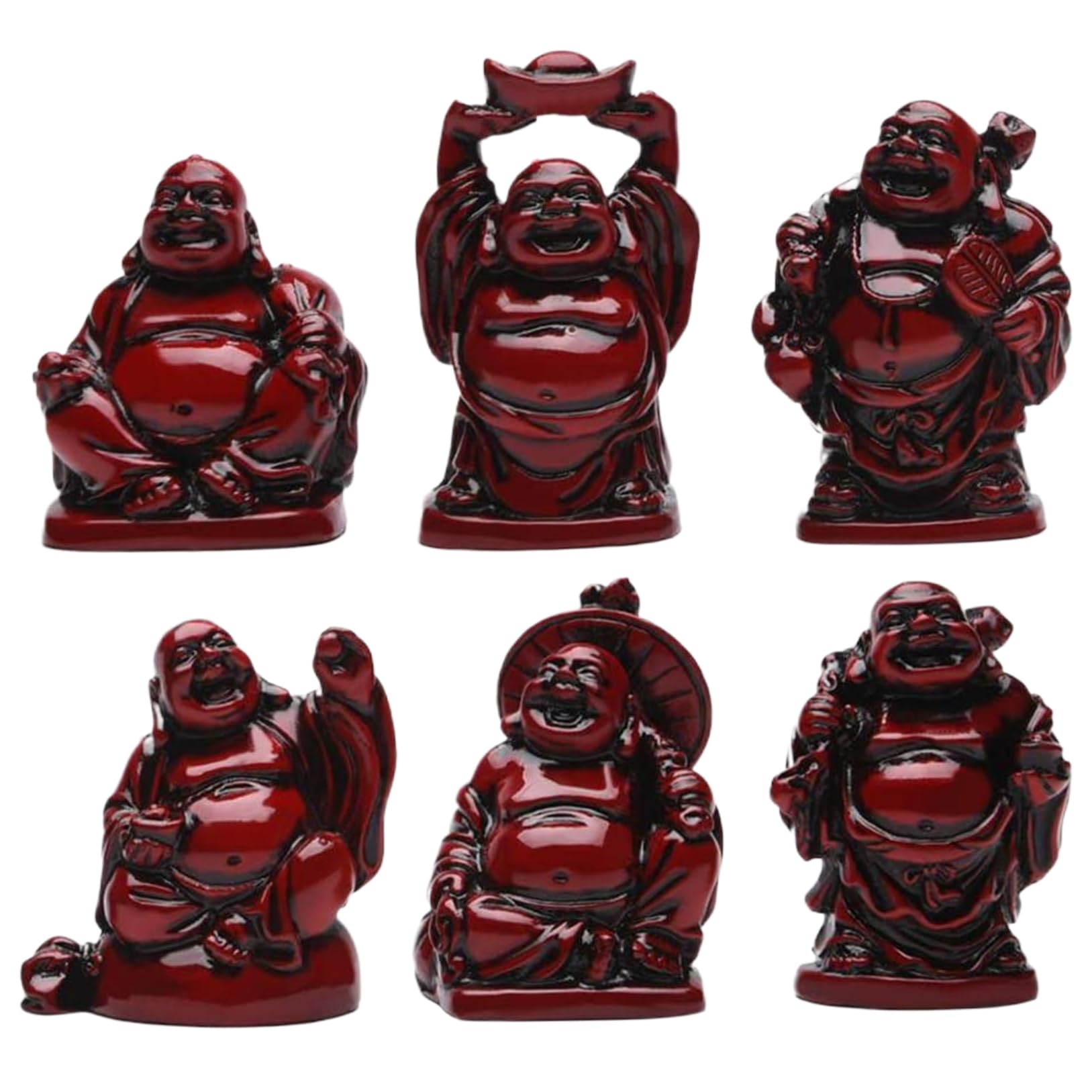 Garrrdenfurni 6Pcs Buddha Statue Red Resin Laughing Buddha Figurines Chinese Feng Shui Decor