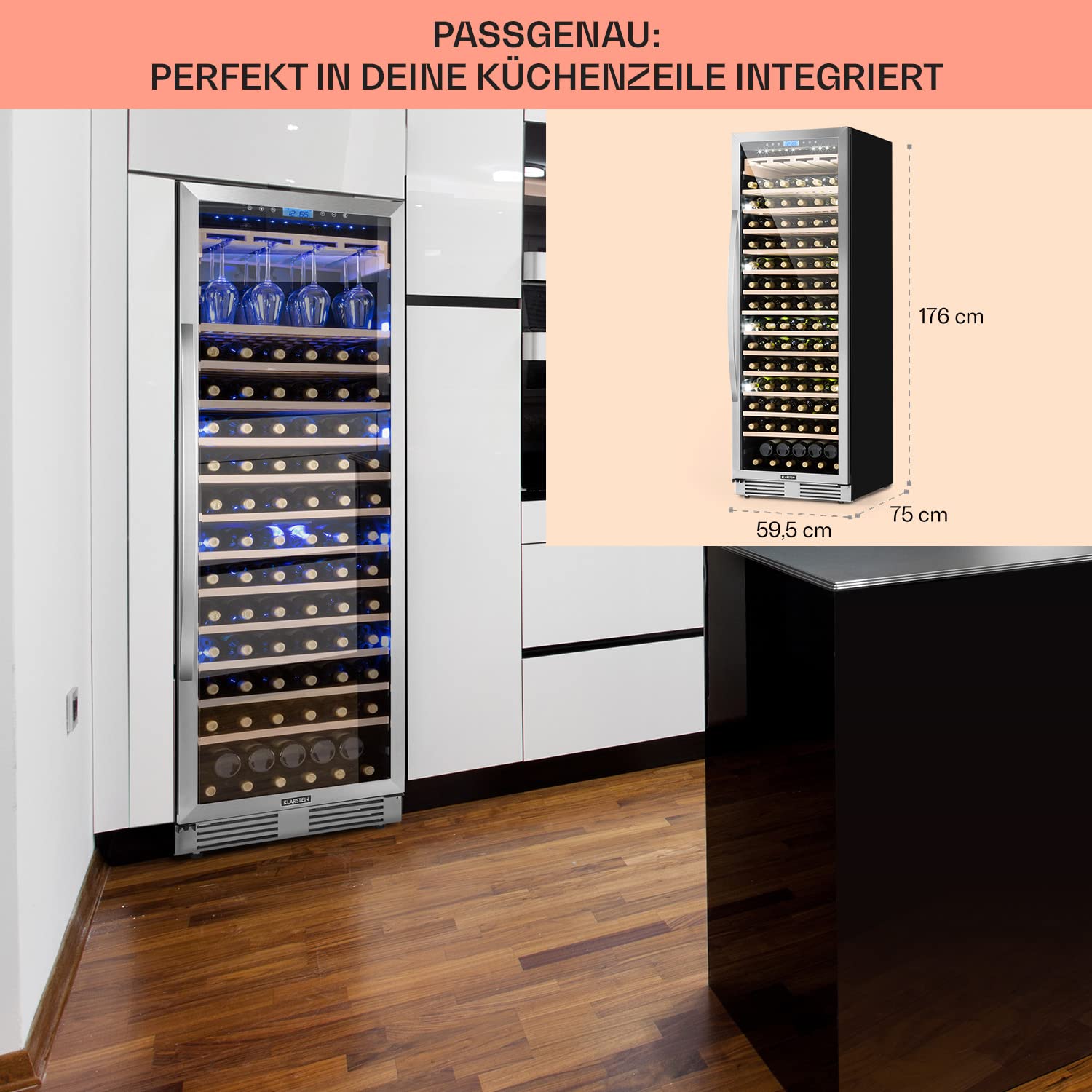 Klarstein Einbau-Weinkühlschrank 433L 1 Zonen Getränkekühlschrank mit Glastür Wine Fridge 165 Flaschen