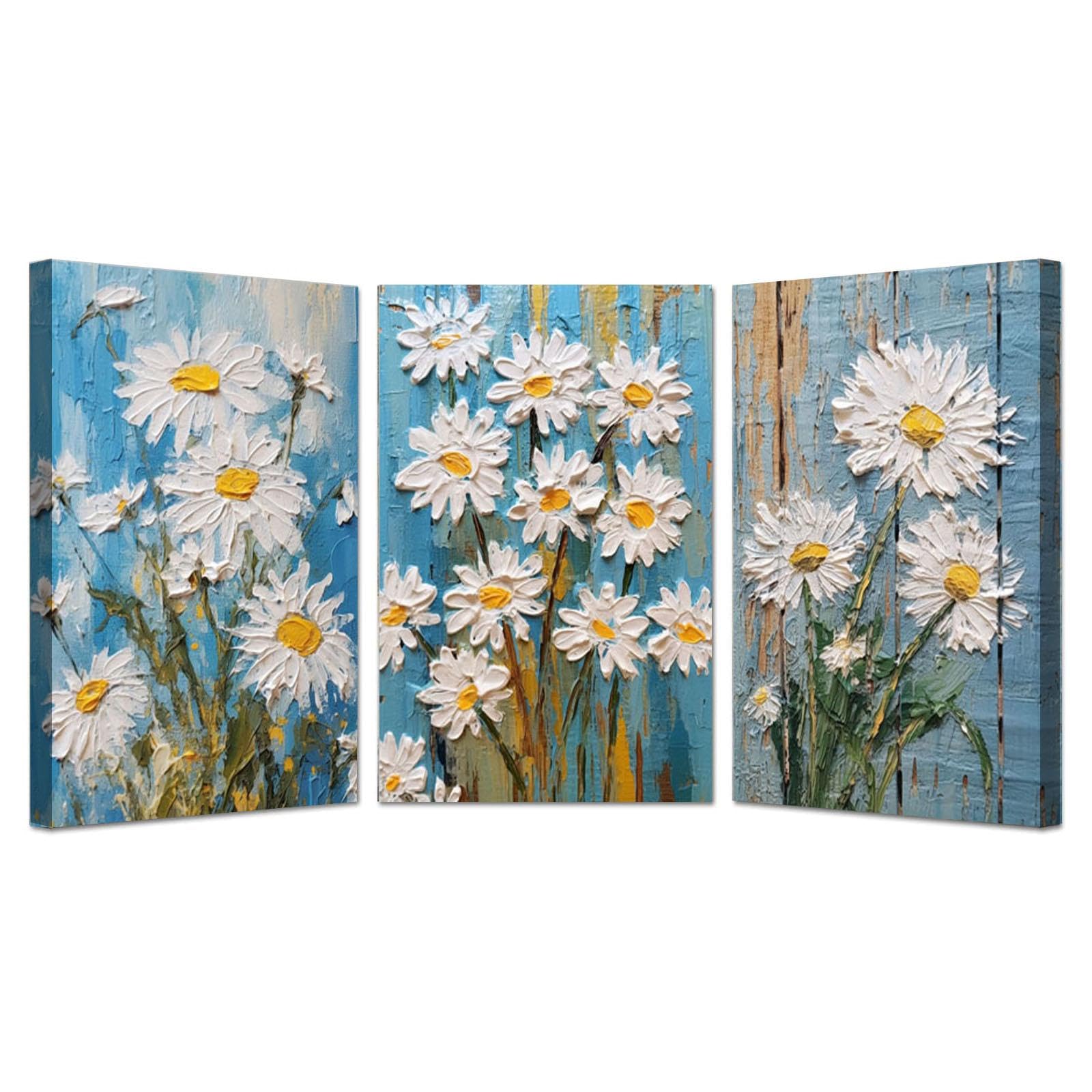JOSUE Set de 3 Bohemia Cuadros Y LáMinas Lienzo,flores abstractas Blanco amarillo Cuadro Cartel Sala De Estar Cuarto De BañO Comedor-50x70cm Enmarcado