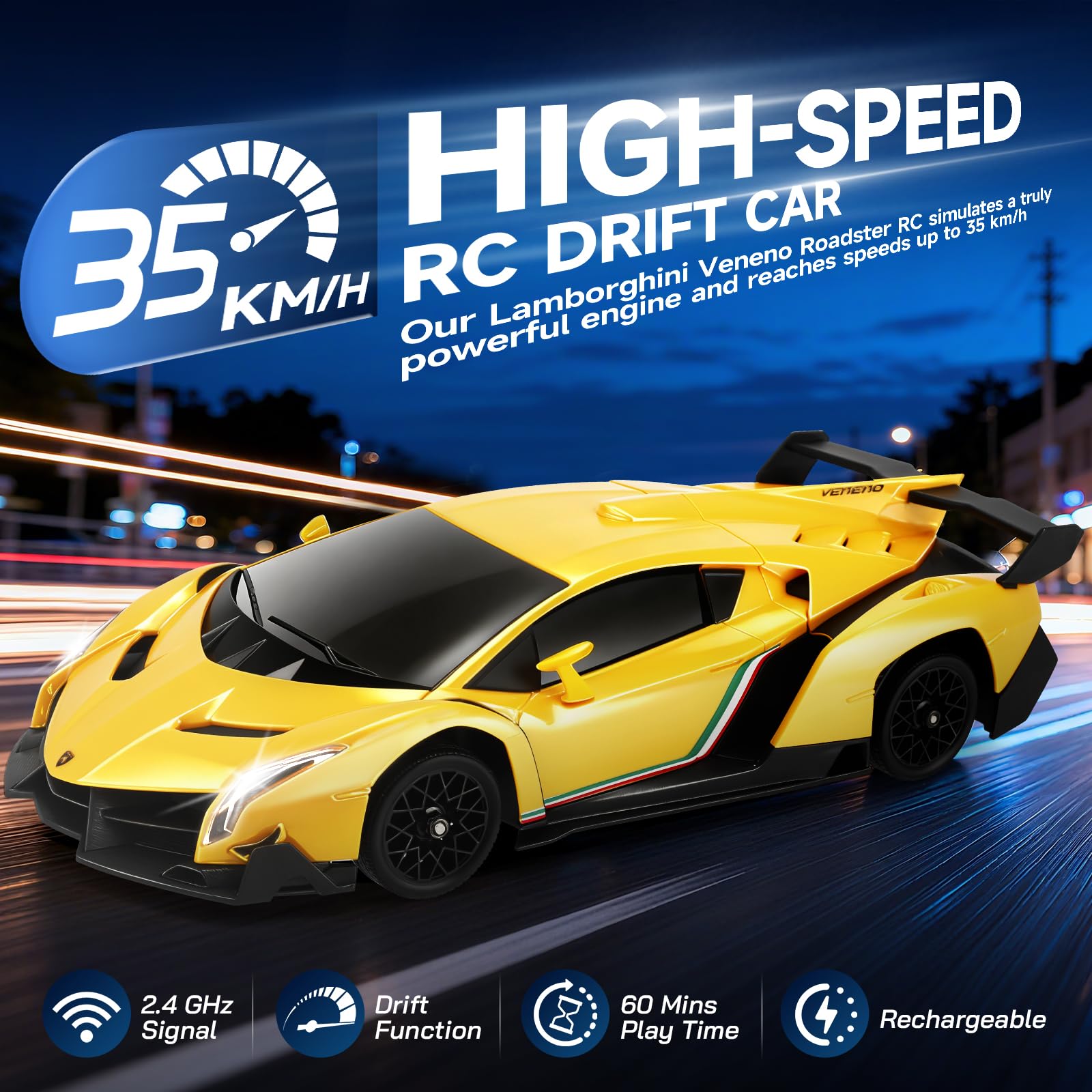 Lamborghini RC Drift Car 1:18 4x4-35 KM/H - Coche de Carreras de Alta Velocidad con Luces LED - Juguete de Drifting de Control Remoto Totalmente proporcional, Regalo para niños, Blanco