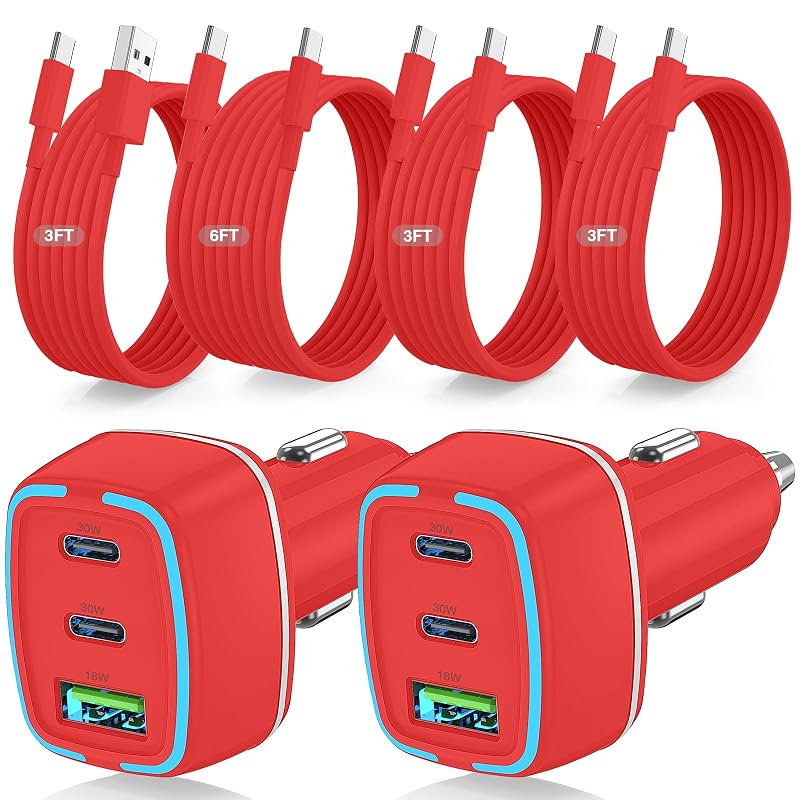 Kit com 2 carregadores veiculares USB 75 W QZVOO com PD3.0, QC3.0 e 3 portas, vermelho, com 4 cabos